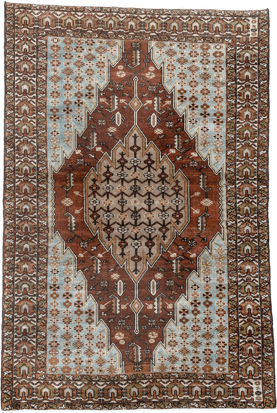 4' x 6' one-of-a-kind handmade vintage Malayer small size rug. Color palette: rust, ivory, light blue, brown, taupe