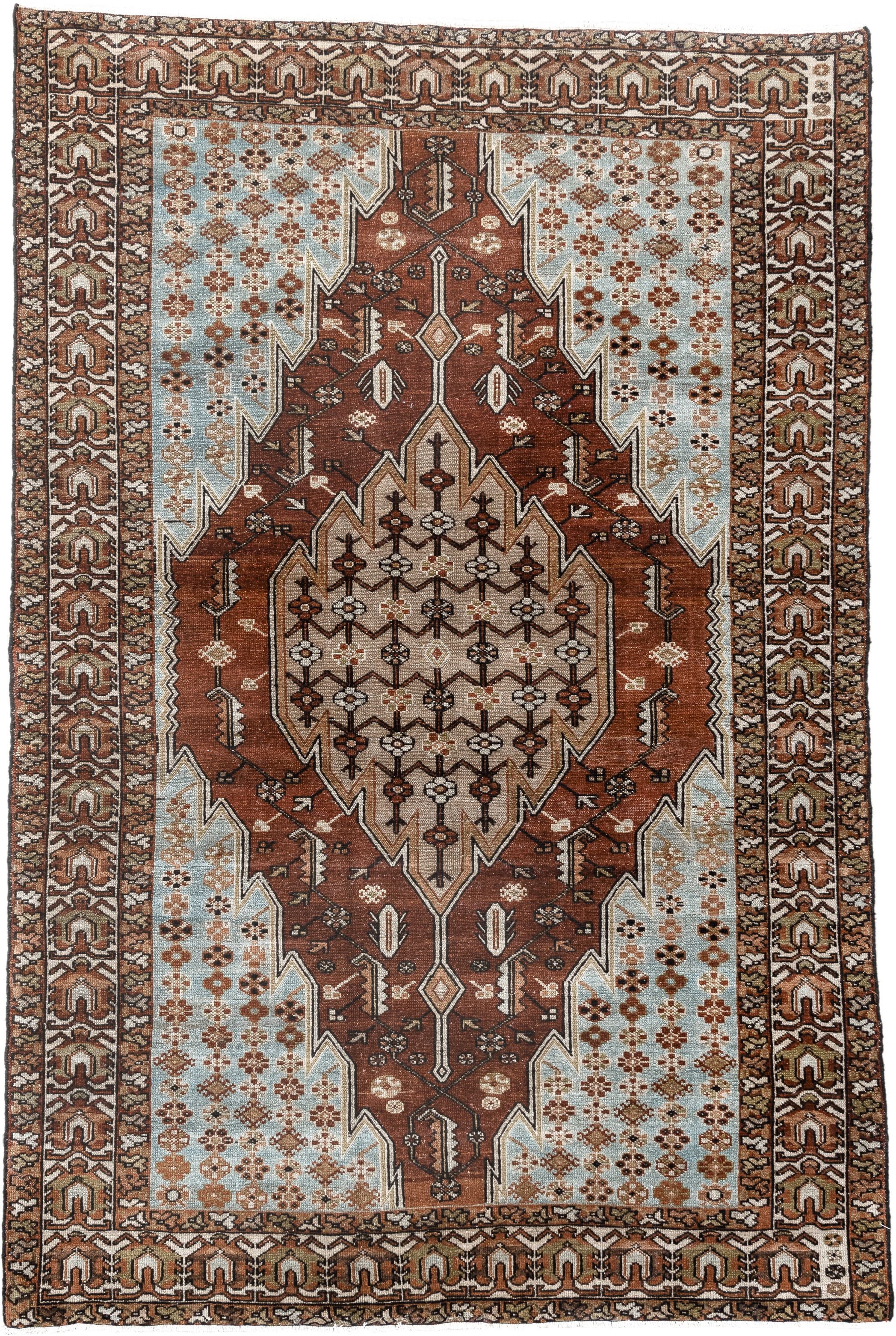 4' x 6' one-of-a-kind handmade vintage Malayer small size rug. Color palette: rust, ivory, light blue, brown, taupe