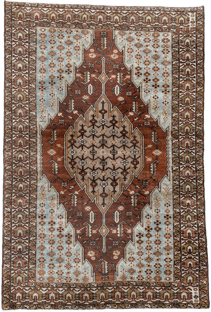 4' x 6' one-of-a-kind handmade vintage Malayer small size rug. Color palette: rust, ivory, light blue, brown, taupe