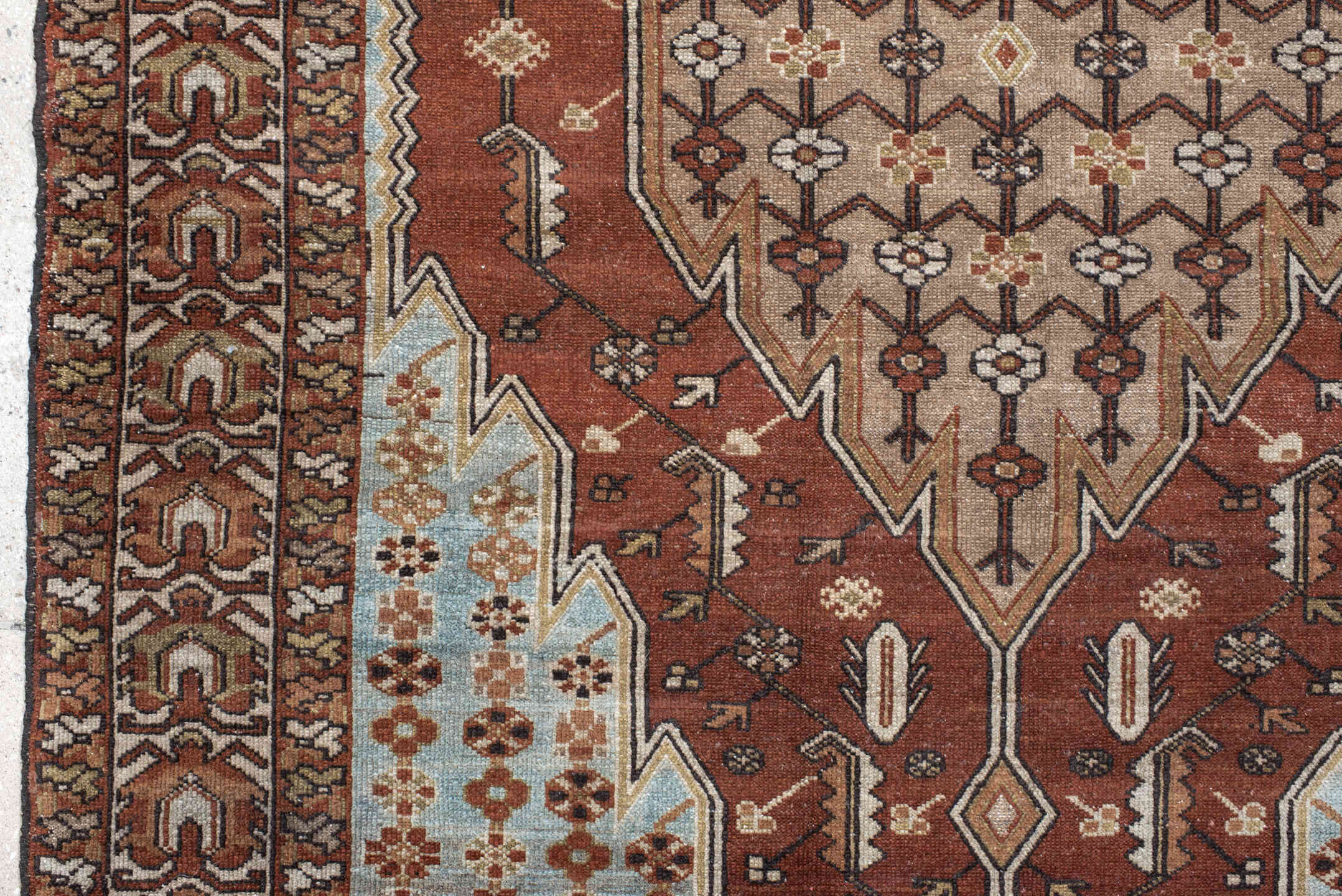 4' x 6' one-of-a-kind handmade vintage Malayer small size rug. Color palette: rust, ivory, light blue, brown, taupe