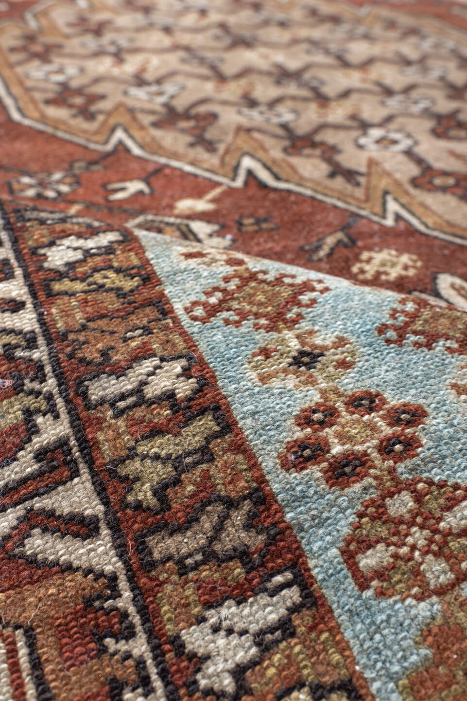 4' x 6' one-of-a-kind handmade vintage Malayer small size rug. Color palette: rust, ivory, light blue, brown, taupe