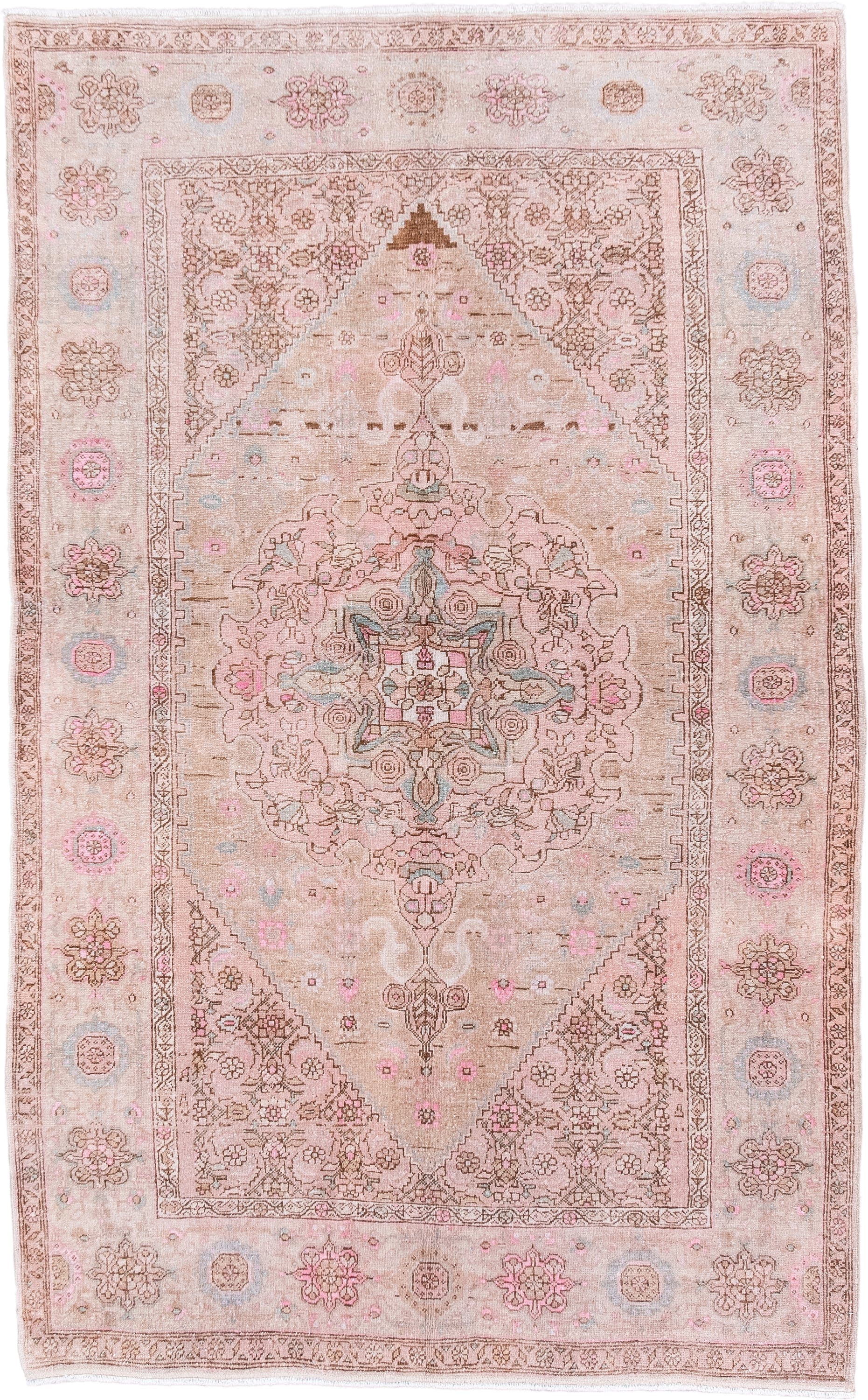 4' x 6' one-of-a-kind handmade antique Sarouk small size rug. Color palette: blush, ivory, taupe, rose, pale blue, brown