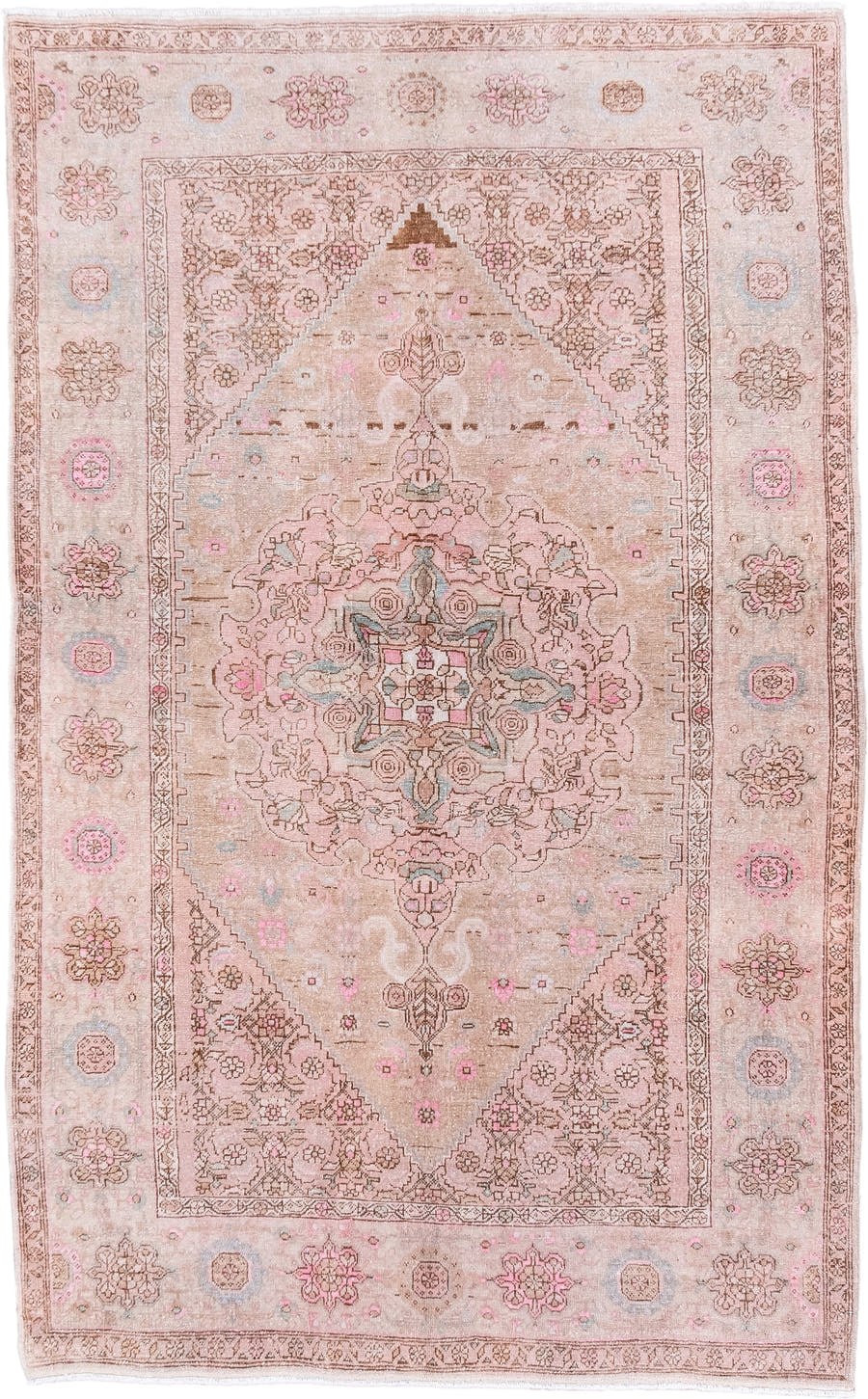 4' x 6' one-of-a-kind handmade antique Sarouk small size rug. Color palette: blush, ivory, taupe, rose, pale blue, brown