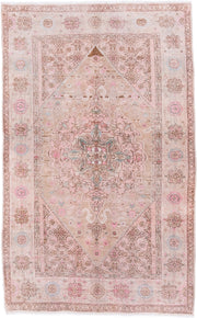 4' x 6' one-of-a-kind handmade antique Sarouk small size rug. Color palette: blush, ivory, taupe, rose, pale blue, brown