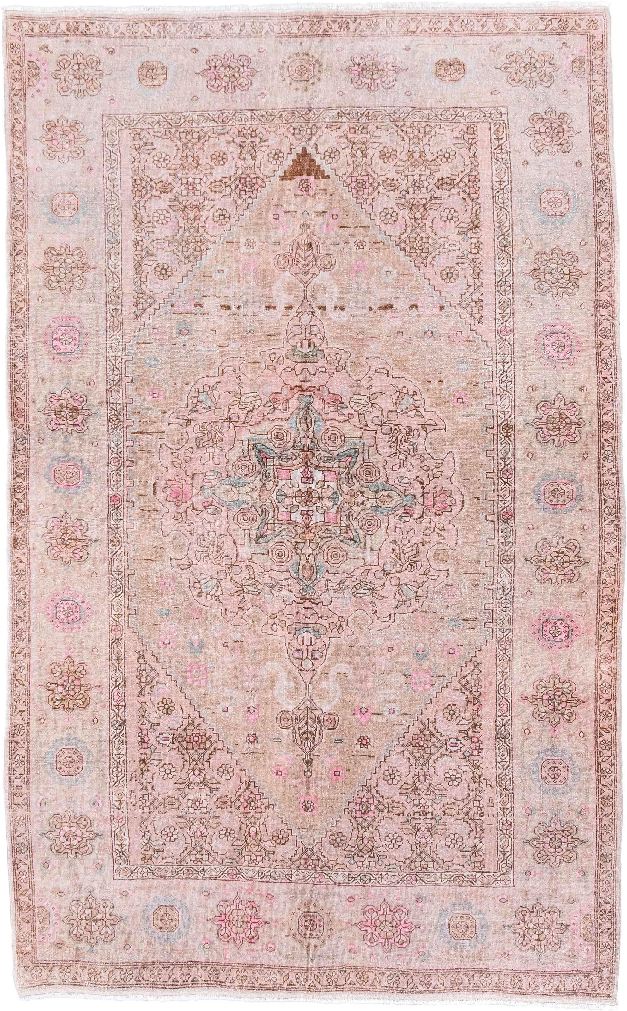 4' x 6' one-of-a-kind handmade antique Sarouk small size rug. Color palette: blush, ivory, taupe, rose, pale blue, brown