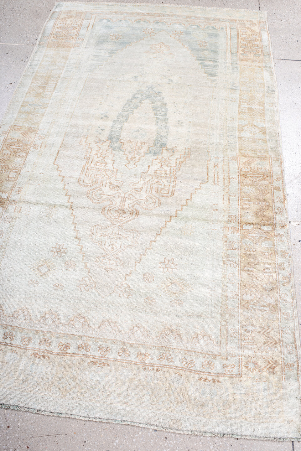 3' x 7' one-of-a-kind handmade vintage Anatol rug. Color palette: antiquewhite, brown, dark gray, gainsboro, gray
