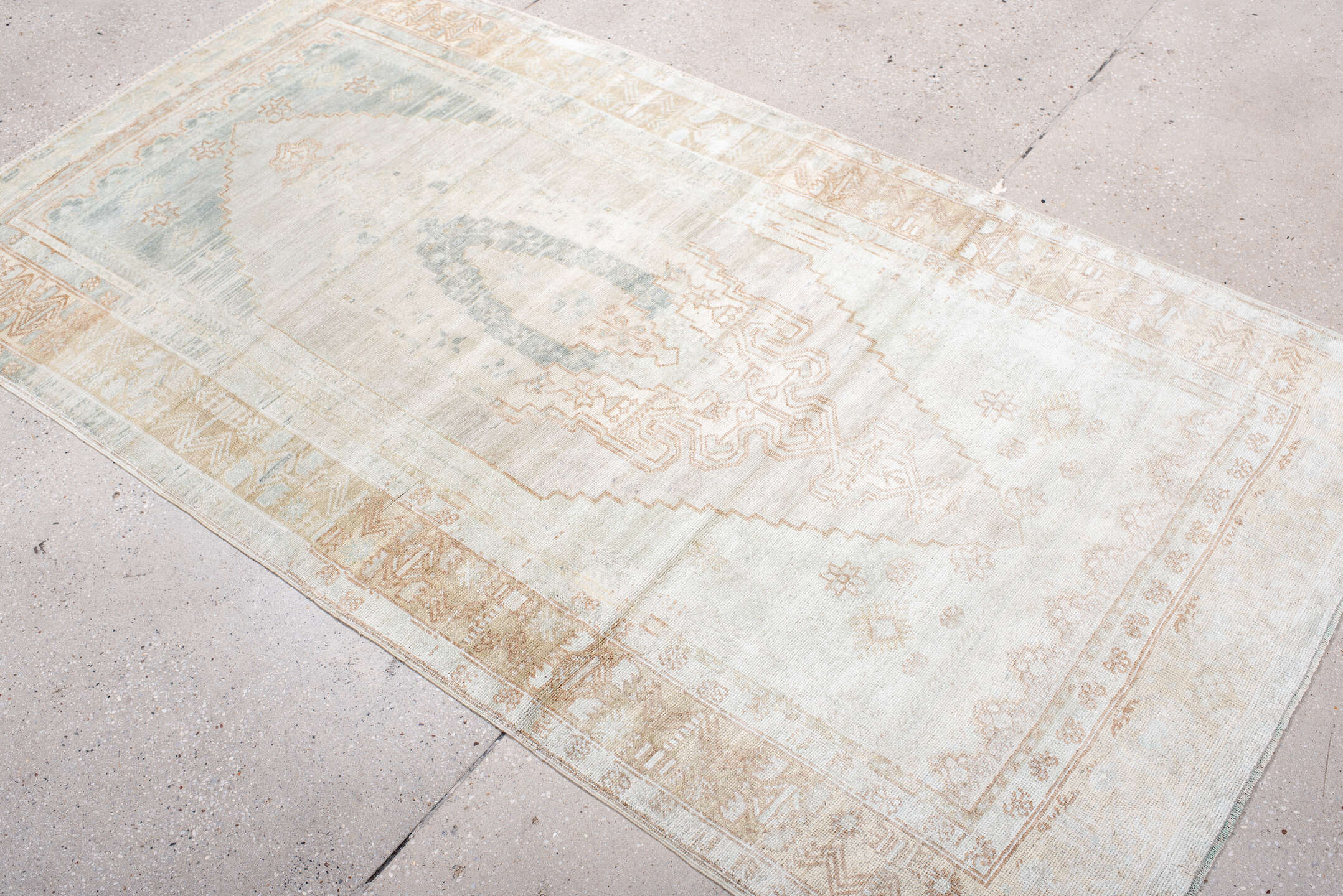 3' x 7' one-of-a-kind handmade vintage Anatol rug. Color palette: antiquewhite, brown, dark gray, gainsboro, gray