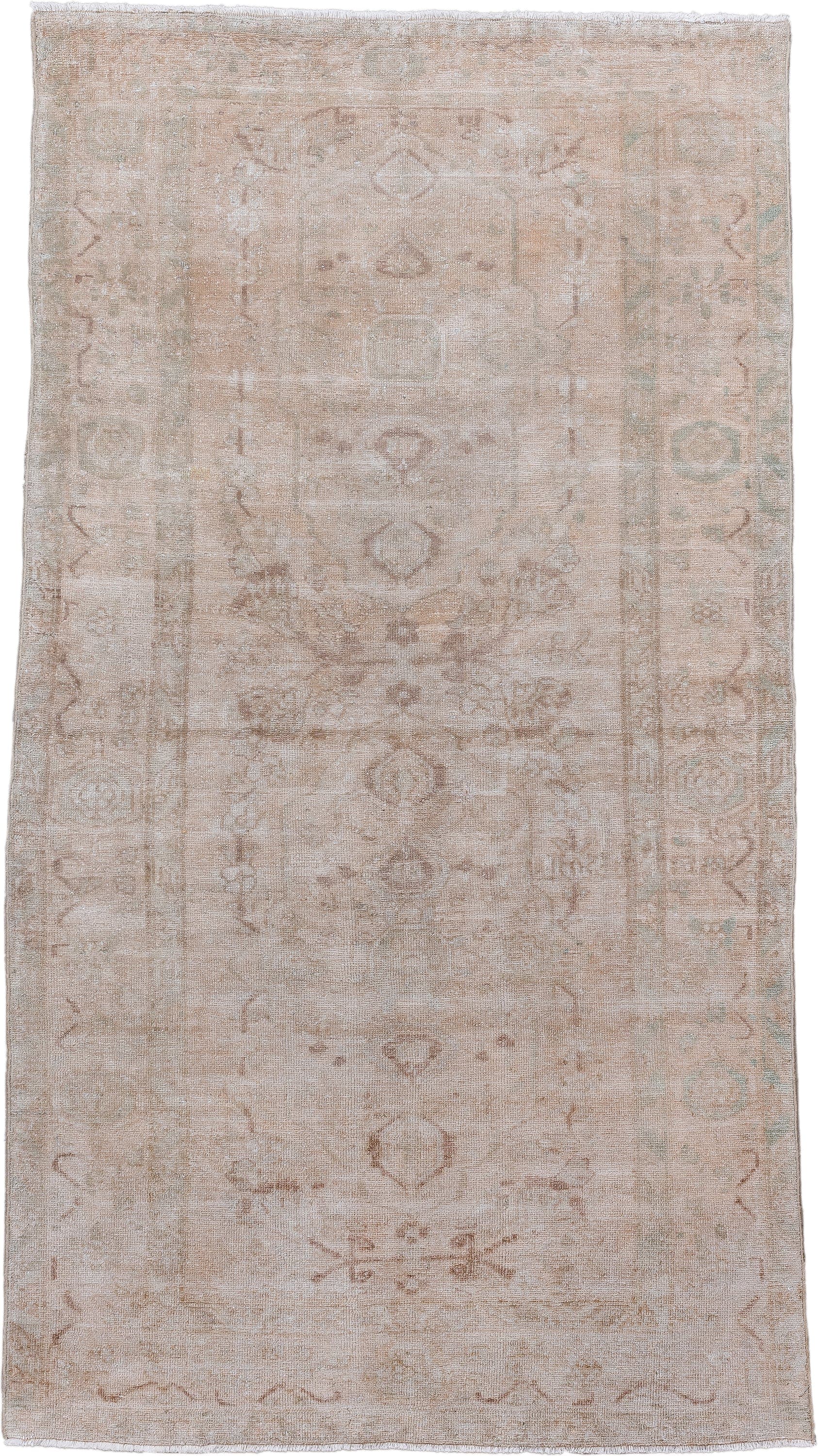 3' x 6' one-of-a-kind handmade vintage Hamadan rug. Color palette: beige, ivory, taupe, camel, sage, blush, gray, green