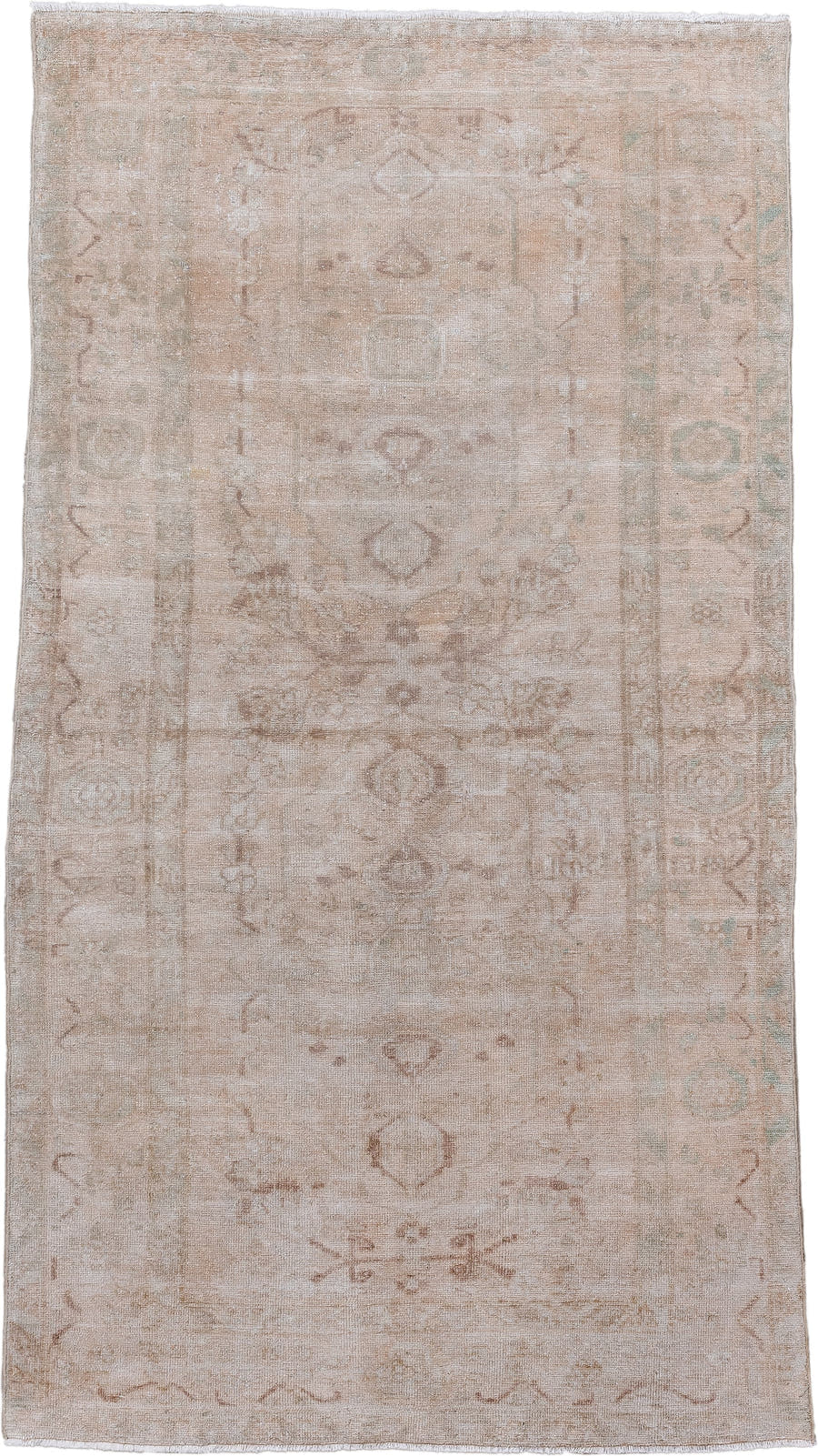 3' x 6' one-of-a-kind handmade vintage Hamadan rug. Color palette: beige, ivory, taupe, camel, sage, blush, gray, green