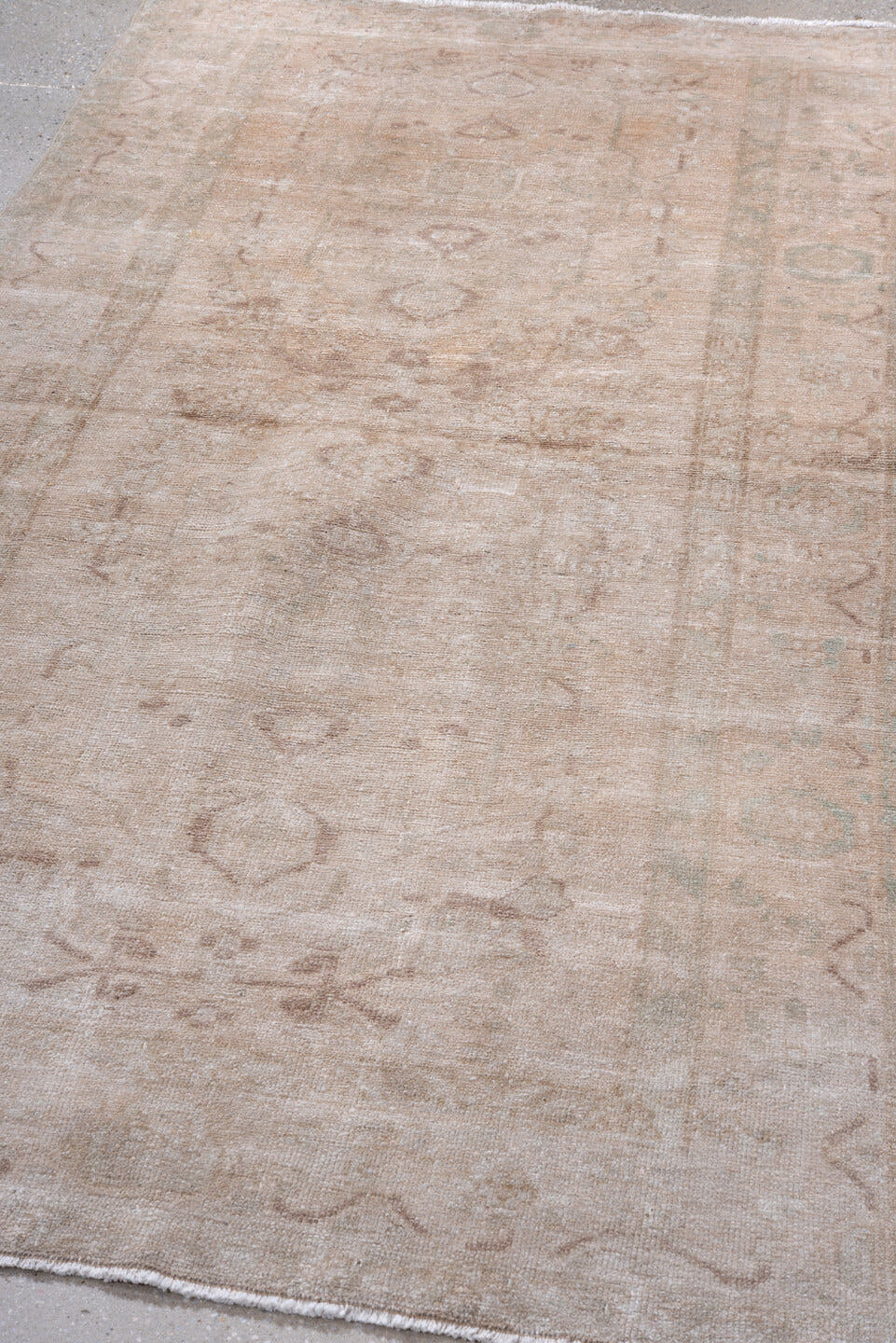 3' x 6' one-of-a-kind handmade vintage Hamadan rug. Color palette: beige, ivory, taupe, camel, sage, blush, gray, green