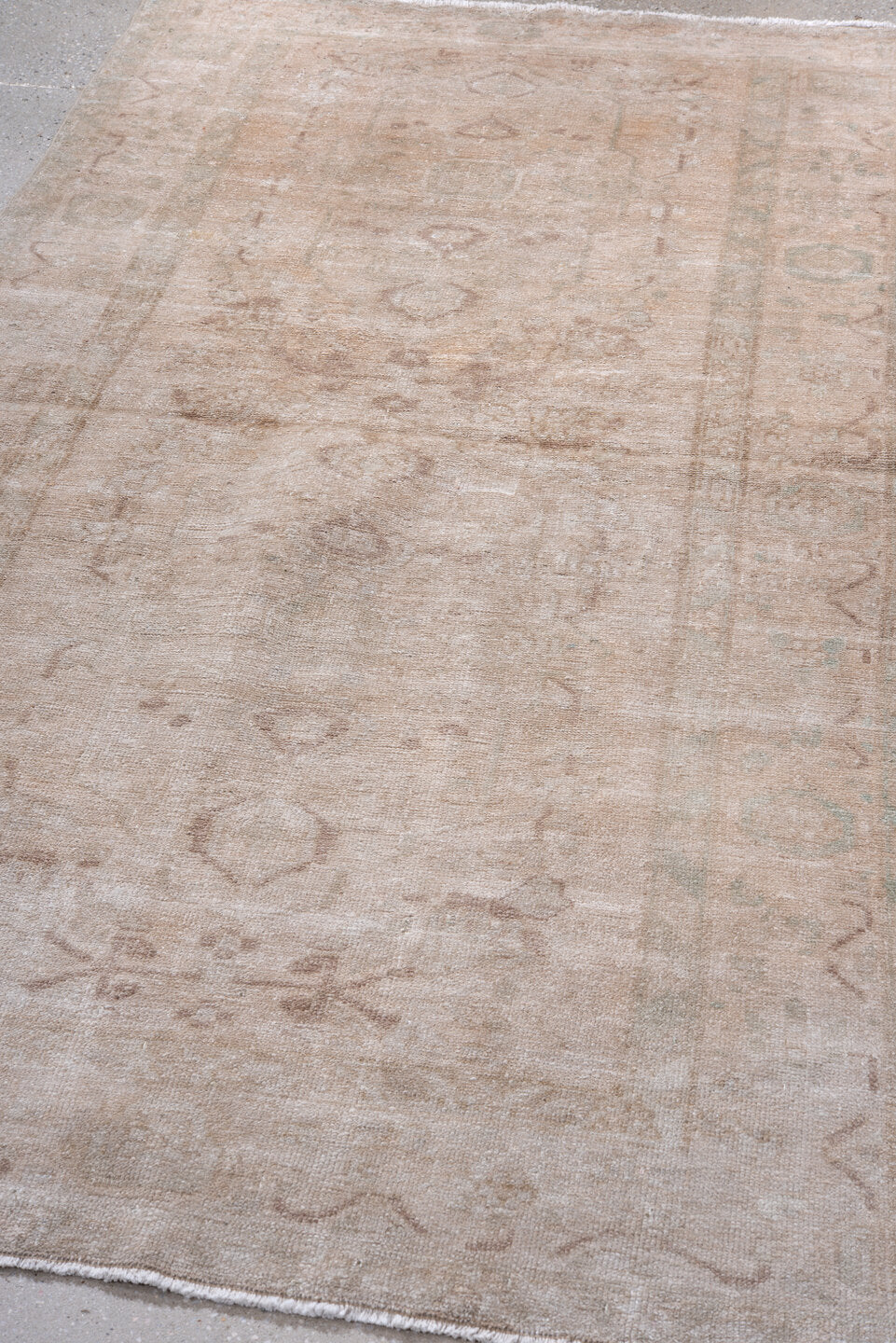 3' x 6' one-of-a-kind handmade vintage Hamadan rug. Color palette: beige, ivory, taupe, camel, sage, blush, gray, green