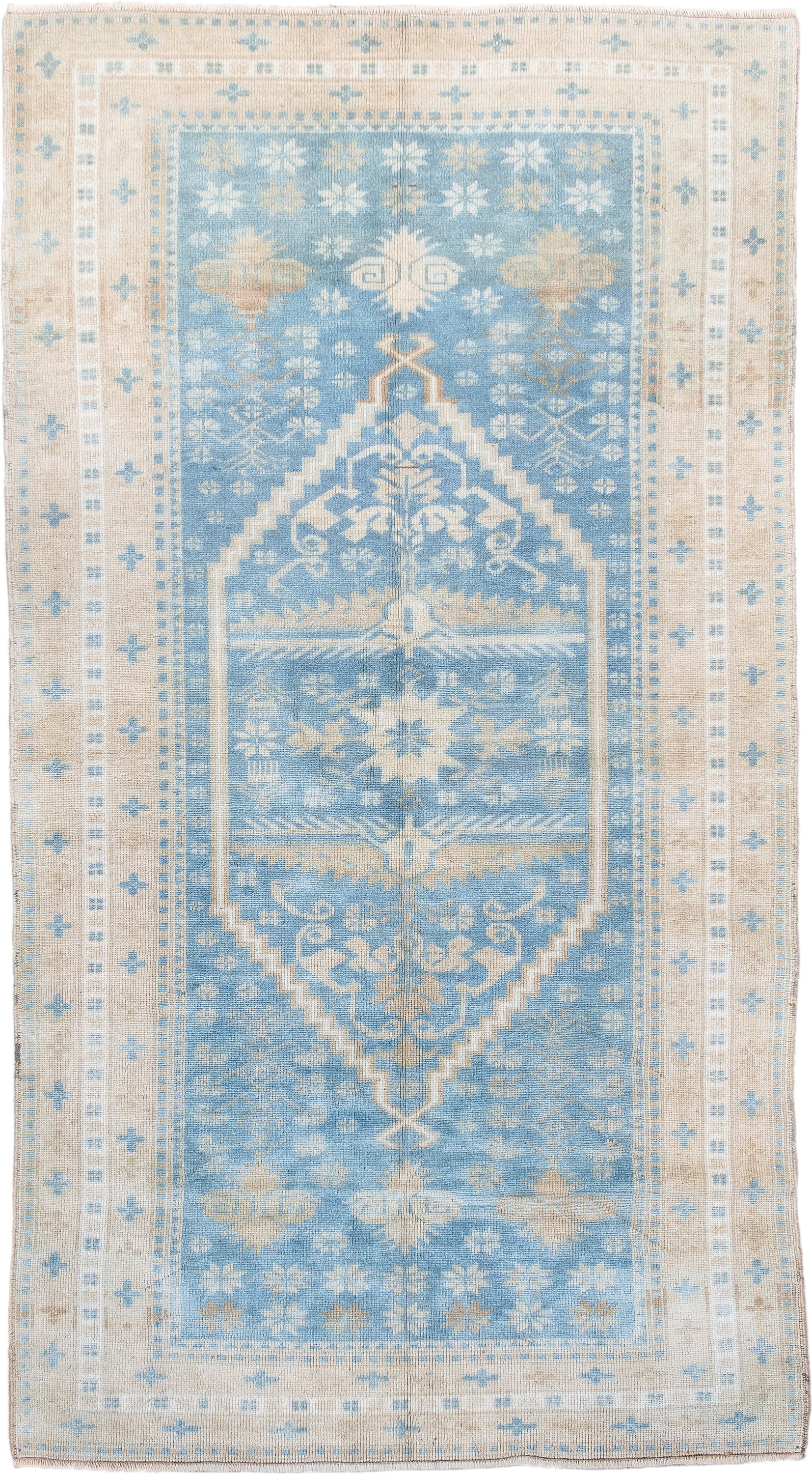 3' x 6' one-of-a-kind handmade antique Anatolian runner rug. Color palette: sky blue, ivory, beige, sand, taupe, light blue