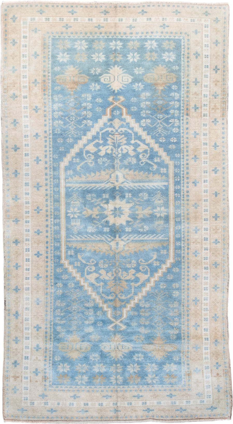 3' x 6' one-of-a-kind handmade antique Anatolian runner rug. Color palette: sky blue, ivory, beige, sand, taupe, light blue