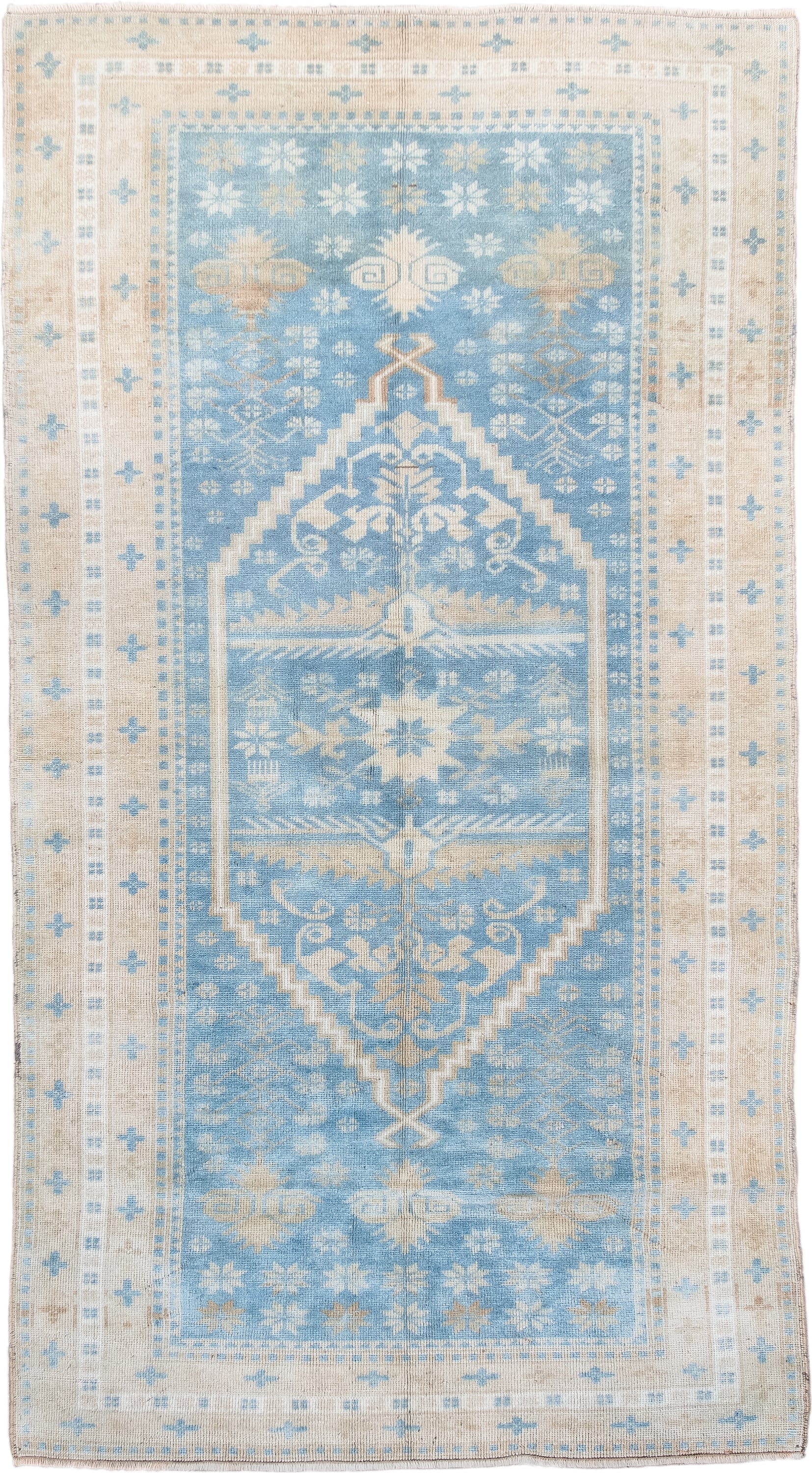 3' x 6' one-of-a-kind handmade antique Anatolian runner rug. Color palette: sky blue, ivory, beige, sand, taupe, light blue