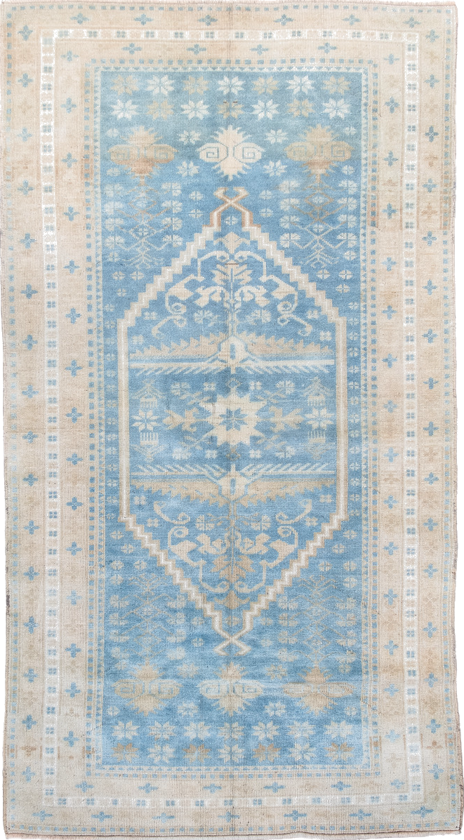 3' x 6' one-of-a-kind handmade vintage Anatolian runner rug. Color palette: brown, dark gray, gainsboro, gray, light blue