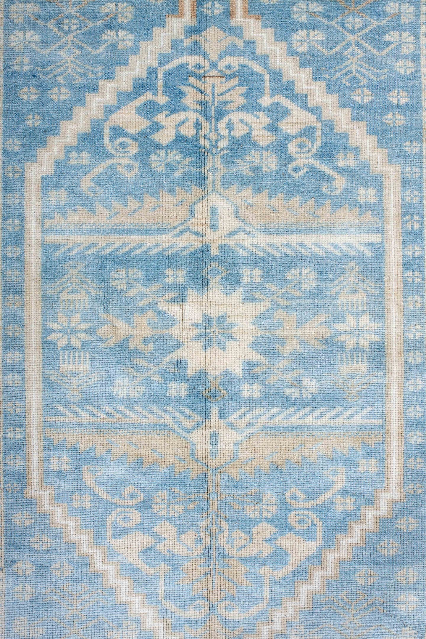 3' x 6' one-of-a-kind handmade antique Anatolian runner rug. Color palette: sky blue, ivory, beige, sand, taupe, light blue