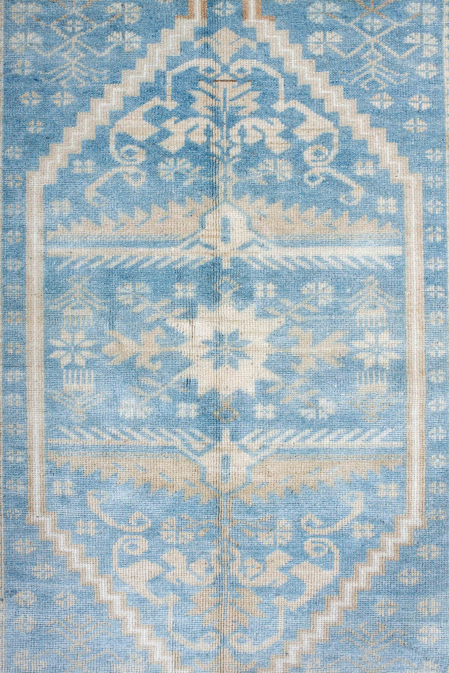 3' x 6' one-of-a-kind handmade antique Anatolian runner rug. Color palette: sky blue, ivory, beige, sand, taupe, light blue