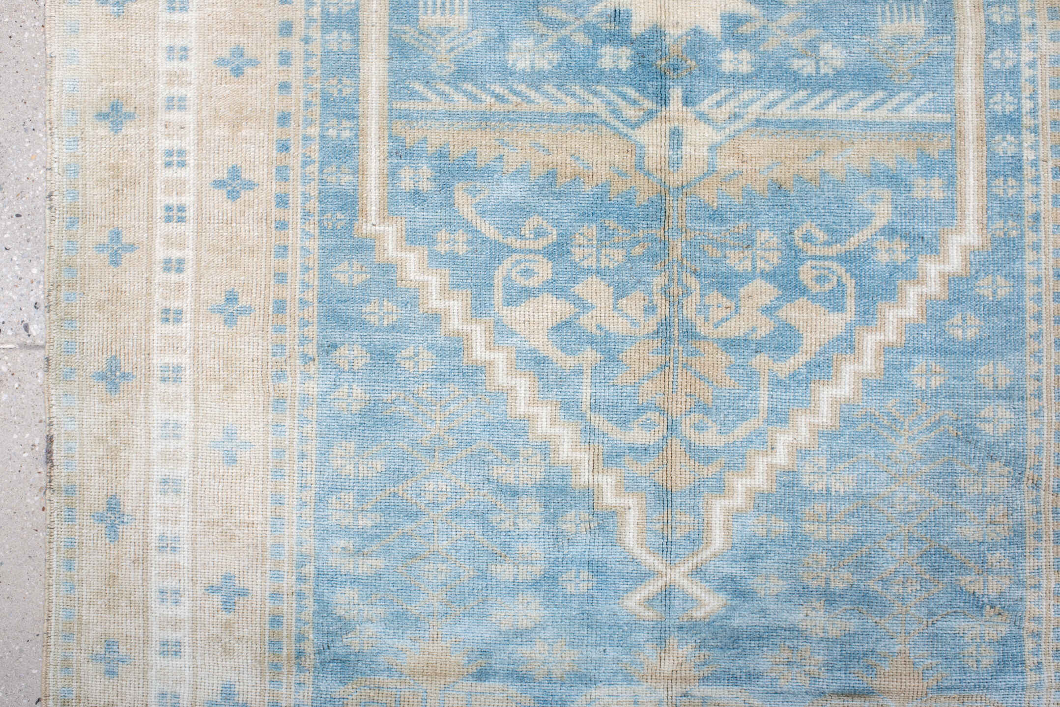 3' x 6' one-of-a-kind handmade vintage Anatol runner rug. Color palette: brown, dark gray, gainsboro, gray, light blue