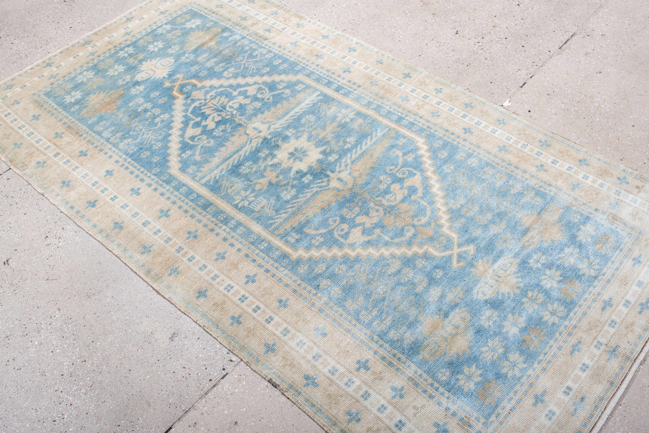 3' x 6' one-of-a-kind handmade vintage Anatol runner rug. Color palette: brown, dark gray, gainsboro, gray, light blue