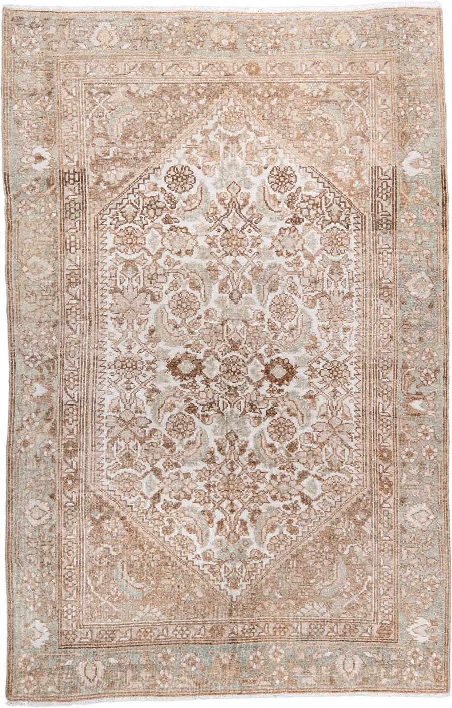 3' x 4' one-of-a-kind handmade antique Malayer small size rug. Color palette: ivory, camel, taupe, sage, beige, brown, gray