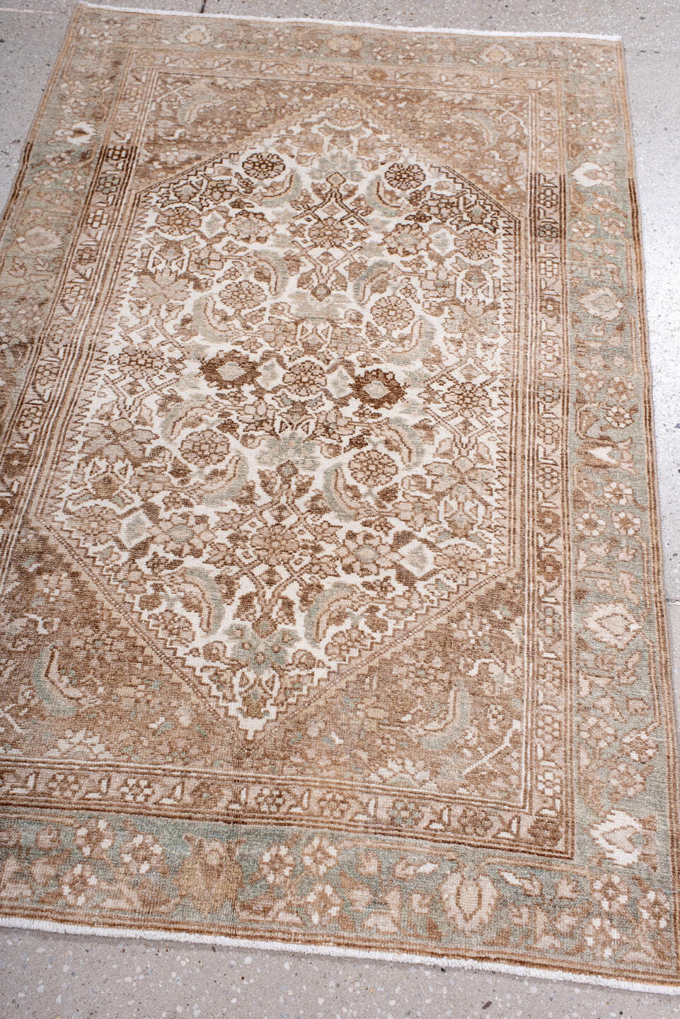 3' x 4' one-of-a-kind handmade antique Malayer small size rug. Color palette: ivory, camel, taupe, sage, beige, brown, gray