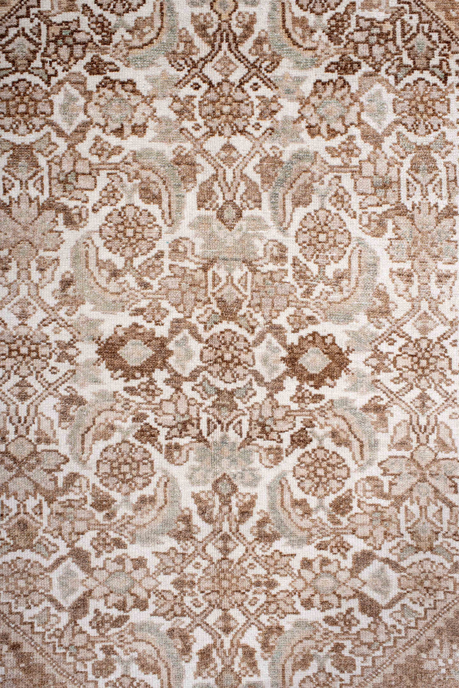 3' x 4' one-of-a-kind handmade antique Malayer small size rug. Color palette: ivory, camel, taupe, sage, beige, brown, gray
