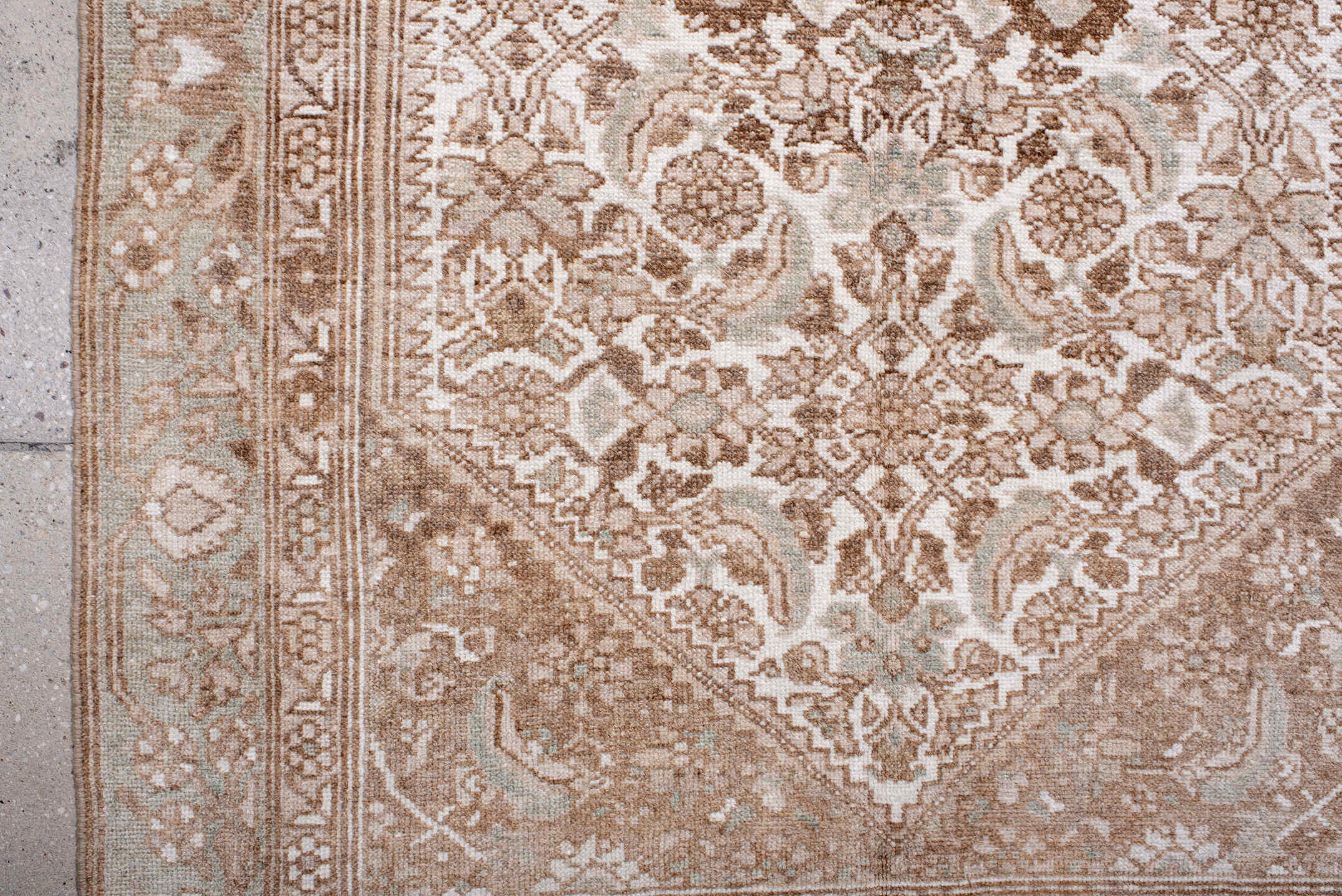 3' x 4' one-of-a-kind handmade antique Malayer small size rug. Color palette: ivory, camel, taupe, sage, beige, brown, gray