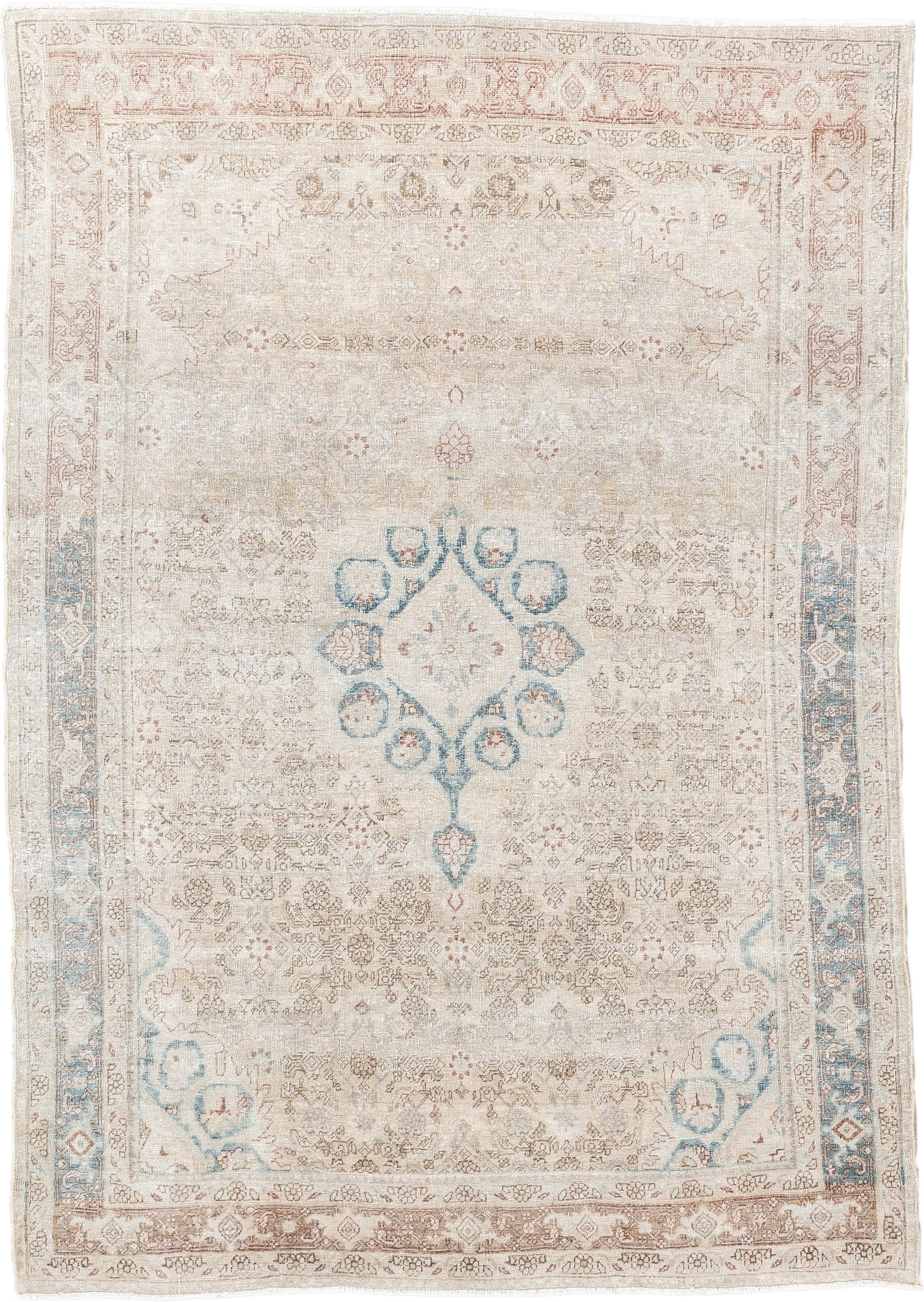 3' x 5' one-of-a-kind handmade antique Bidjar small size rug. Color palette: ivory, beige, sky_blue, taupe, blush, camel