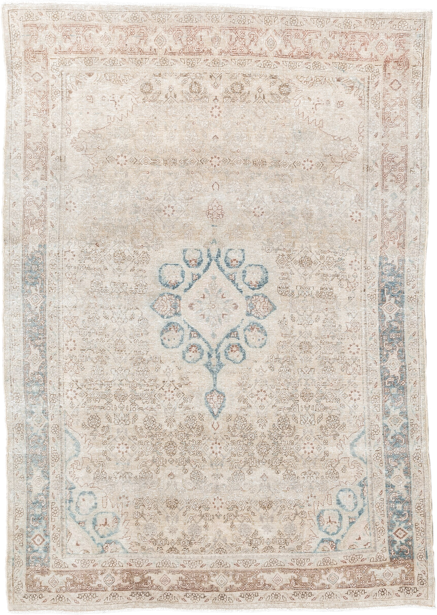 3' x 5' one-of-a-kind handmade antique Bidjar small size rug. Color palette: ivory, beige, sky_blue, taupe, blush, camel
