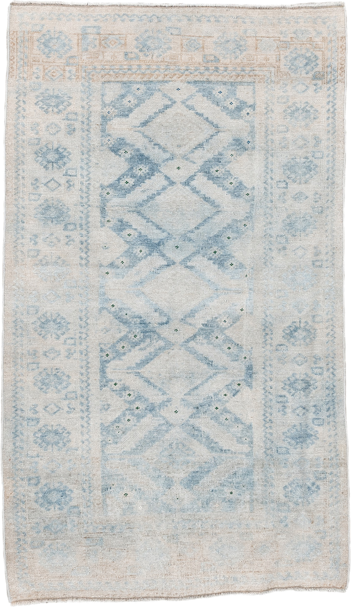 2' x 3' one-of-a-kind handmade vintage Belouch small size rug. Color palette: ivory, pale blue, cream, beige, sage