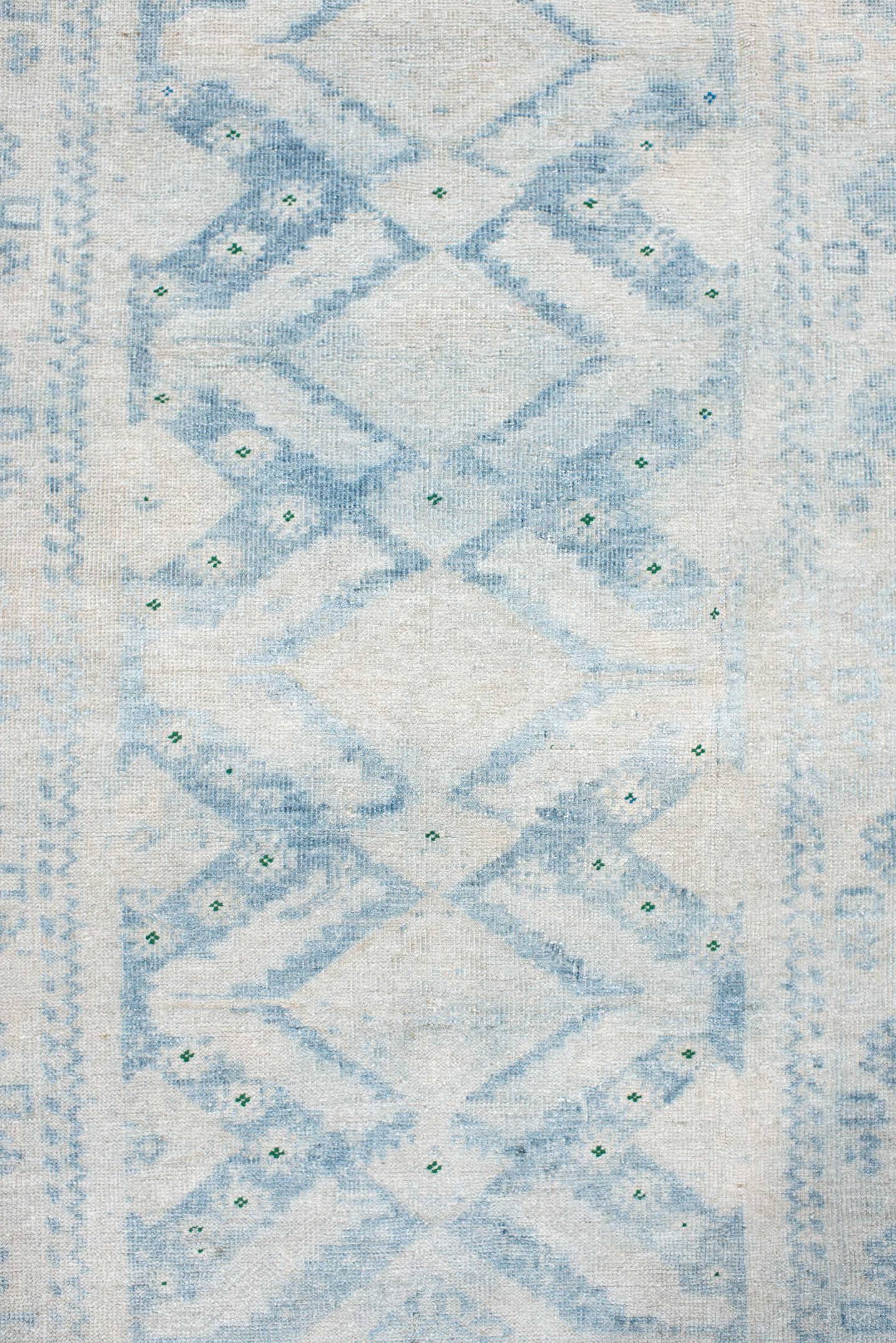 2' x 3' one-of-a-kind handmade vintage Belouch small size rug. Color palette: ivory, pale blue, cream, beige, sage