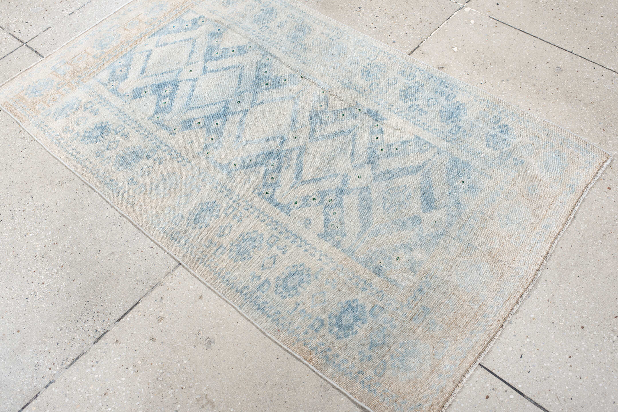 2' x 3' one-of-a-kind handmade vintage Belouch small size rug. Color palette: ivory, pale blue, cream, beige, sage