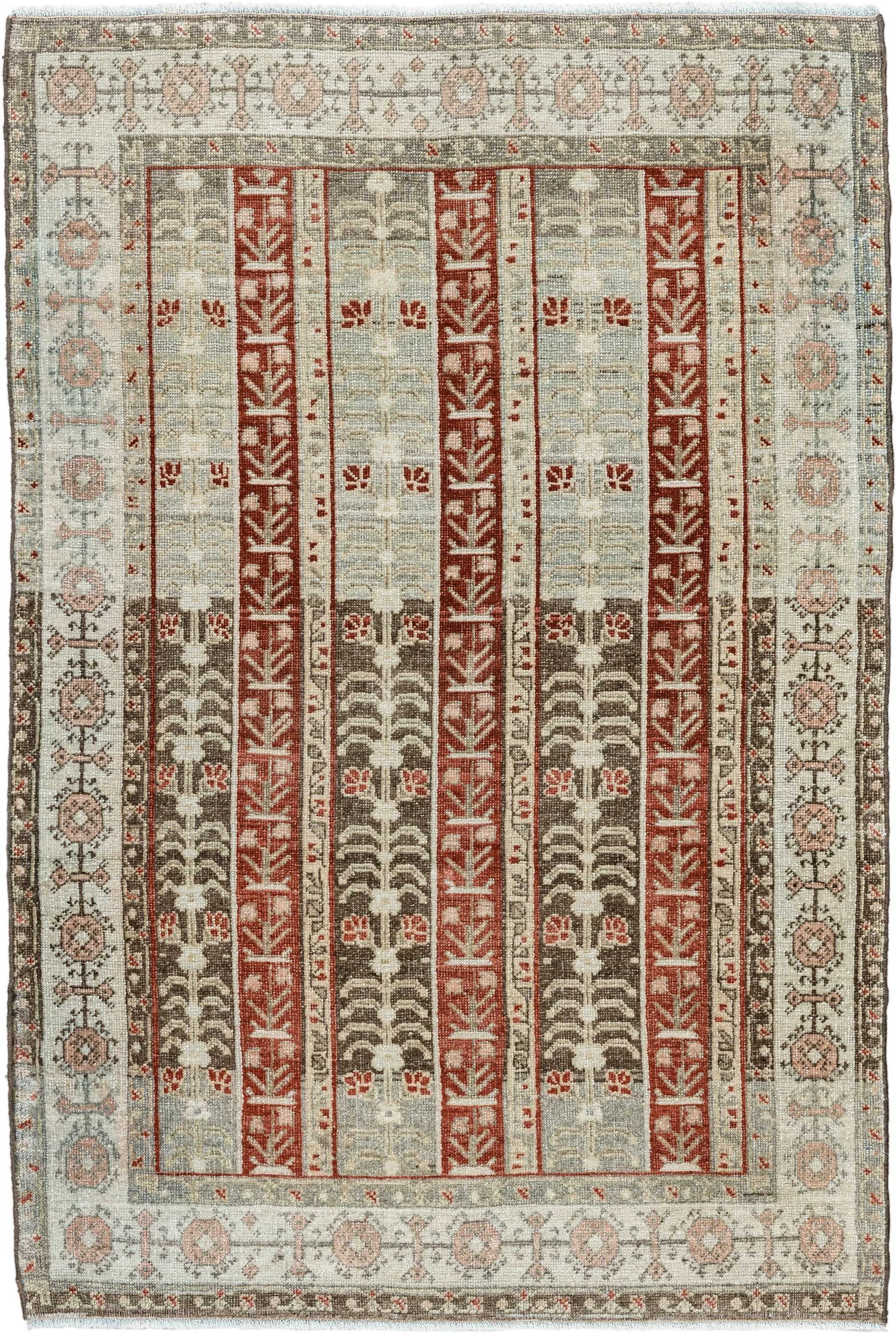 2' x 4' one-of-a-kind handmade vintage Bidjar small size rug. Color palette: ivory, taupe, rust, brown, blush, gray, beige