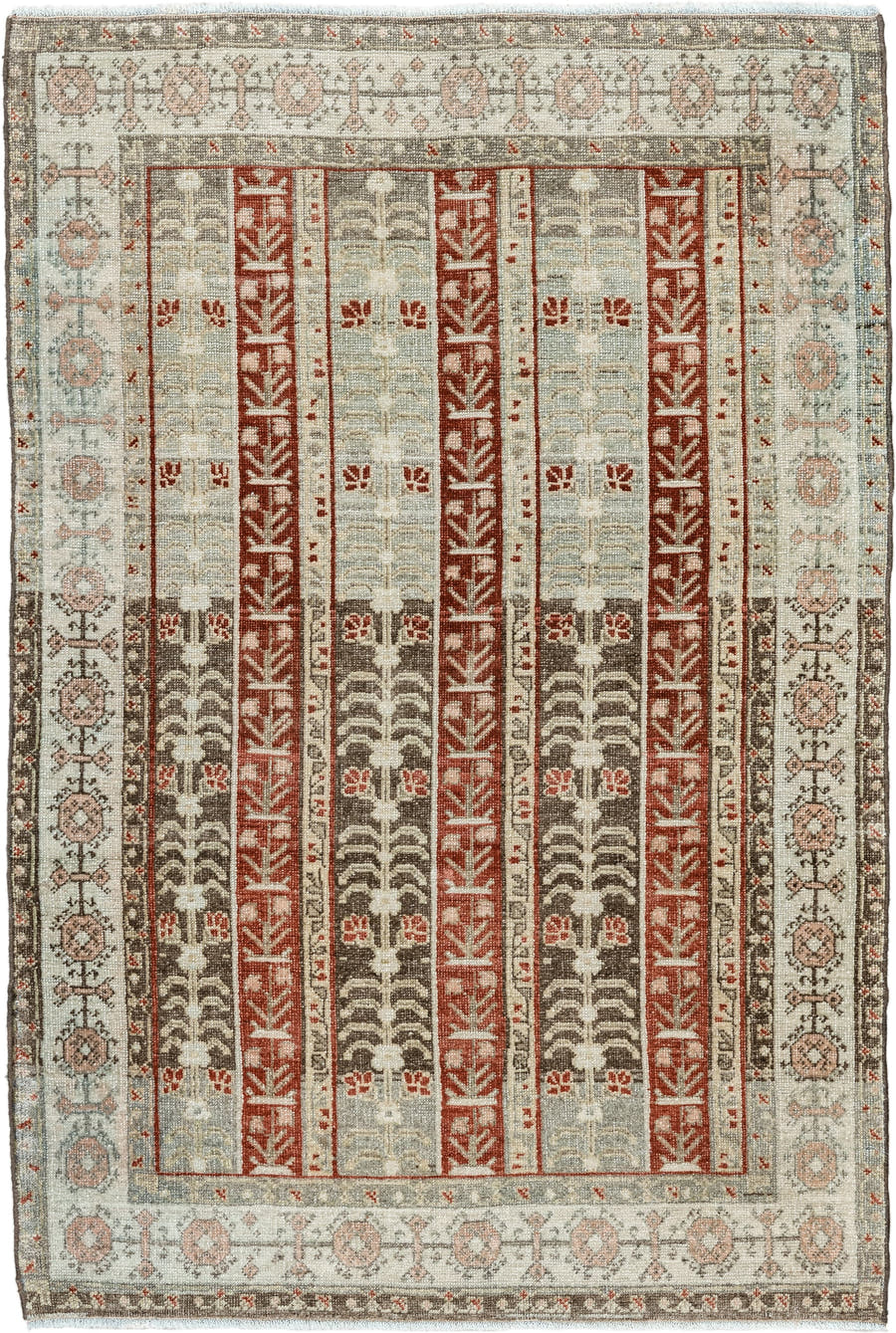 2' x 4' one-of-a-kind handmade vintage Bidjar small size rug. Color palette: ivory, taupe, rust, brown, blush, gray, beige