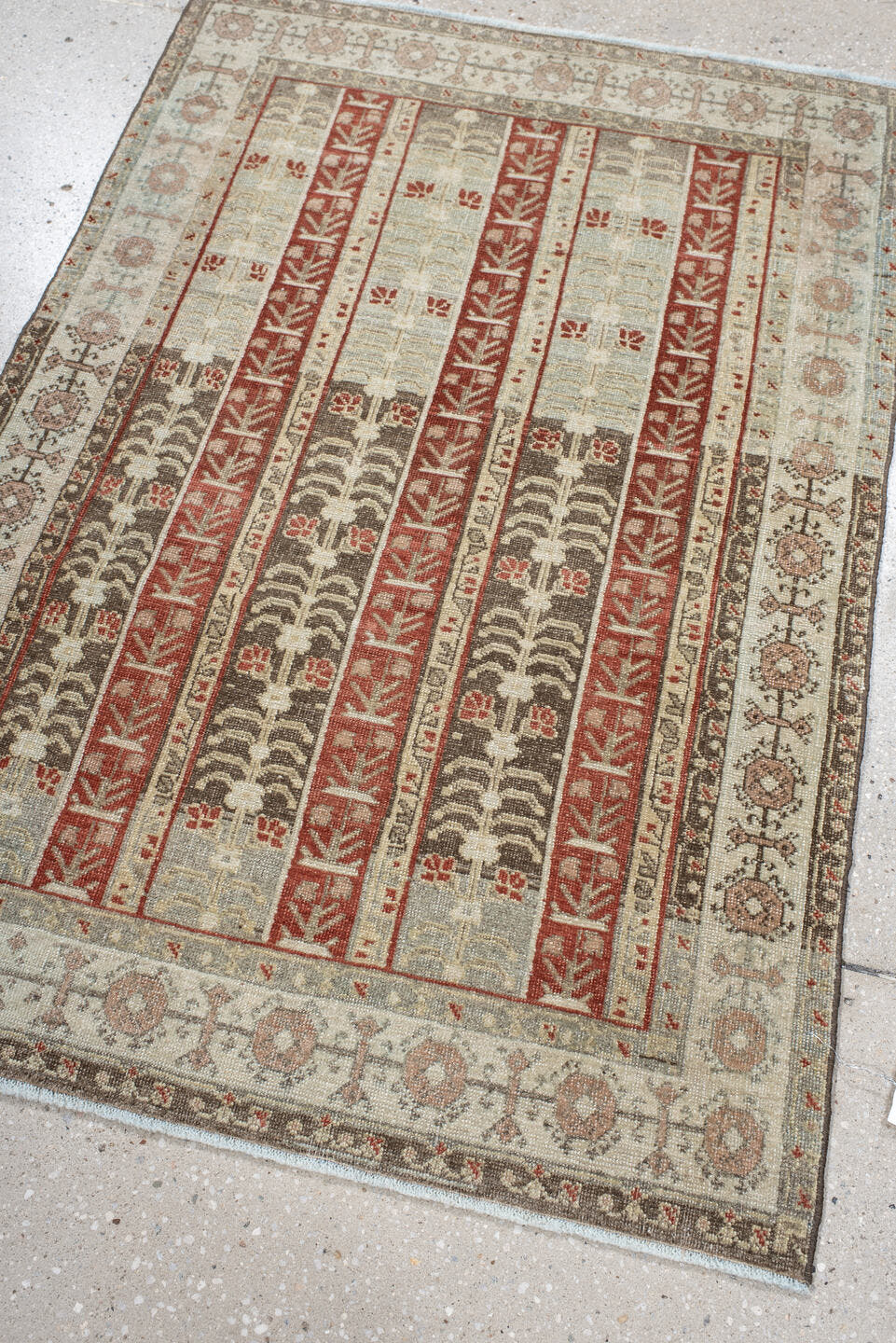 2' x 4' one-of-a-kind handmade vintage Bidjar small size rug. Color palette: ivory, taupe, rust, brown, blush, gray, beige