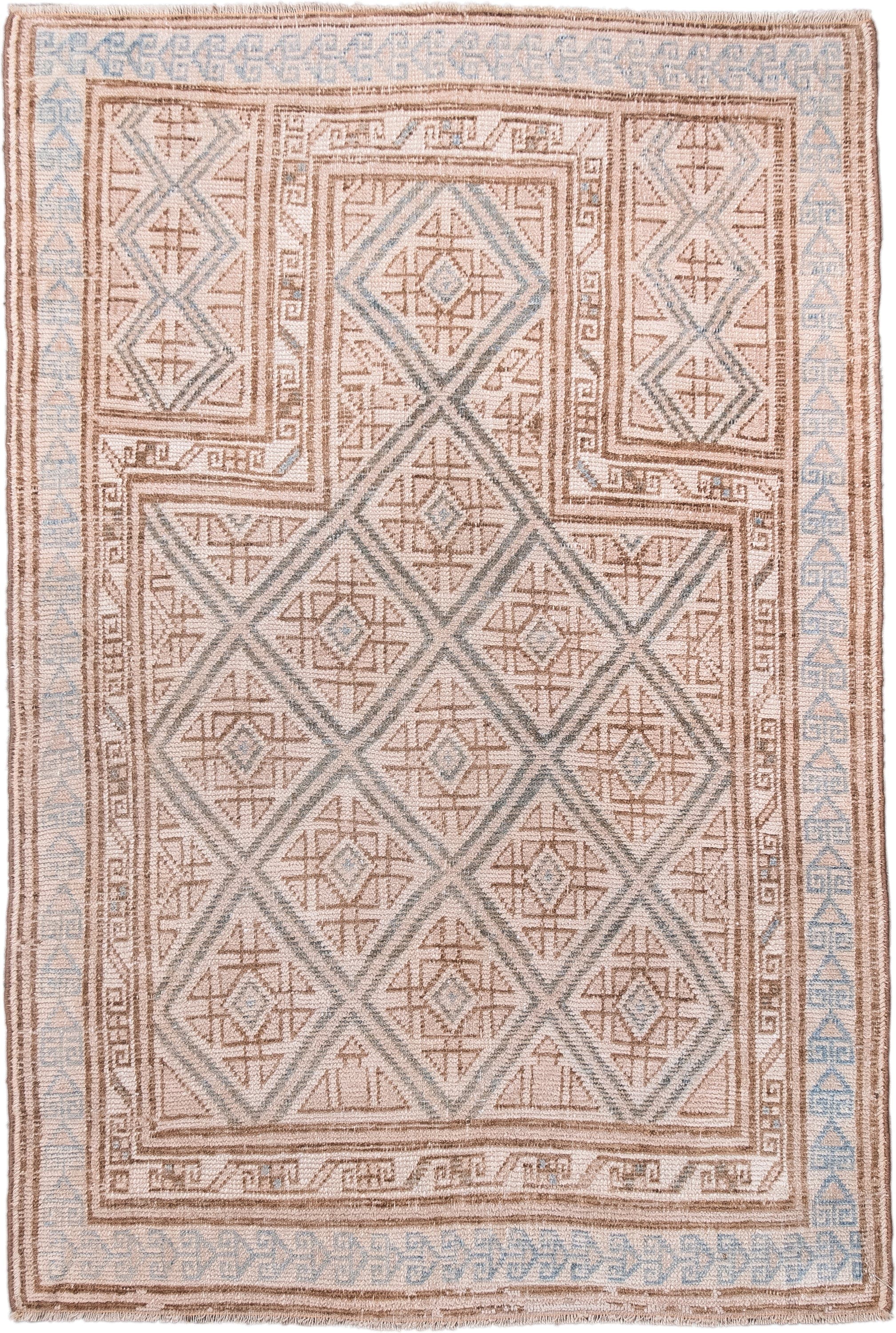 3' x 4' one-of-a-kind handmade antique Belouch small size rug. Color palette: ivory, camel, pale blue, taupe, sand, beige