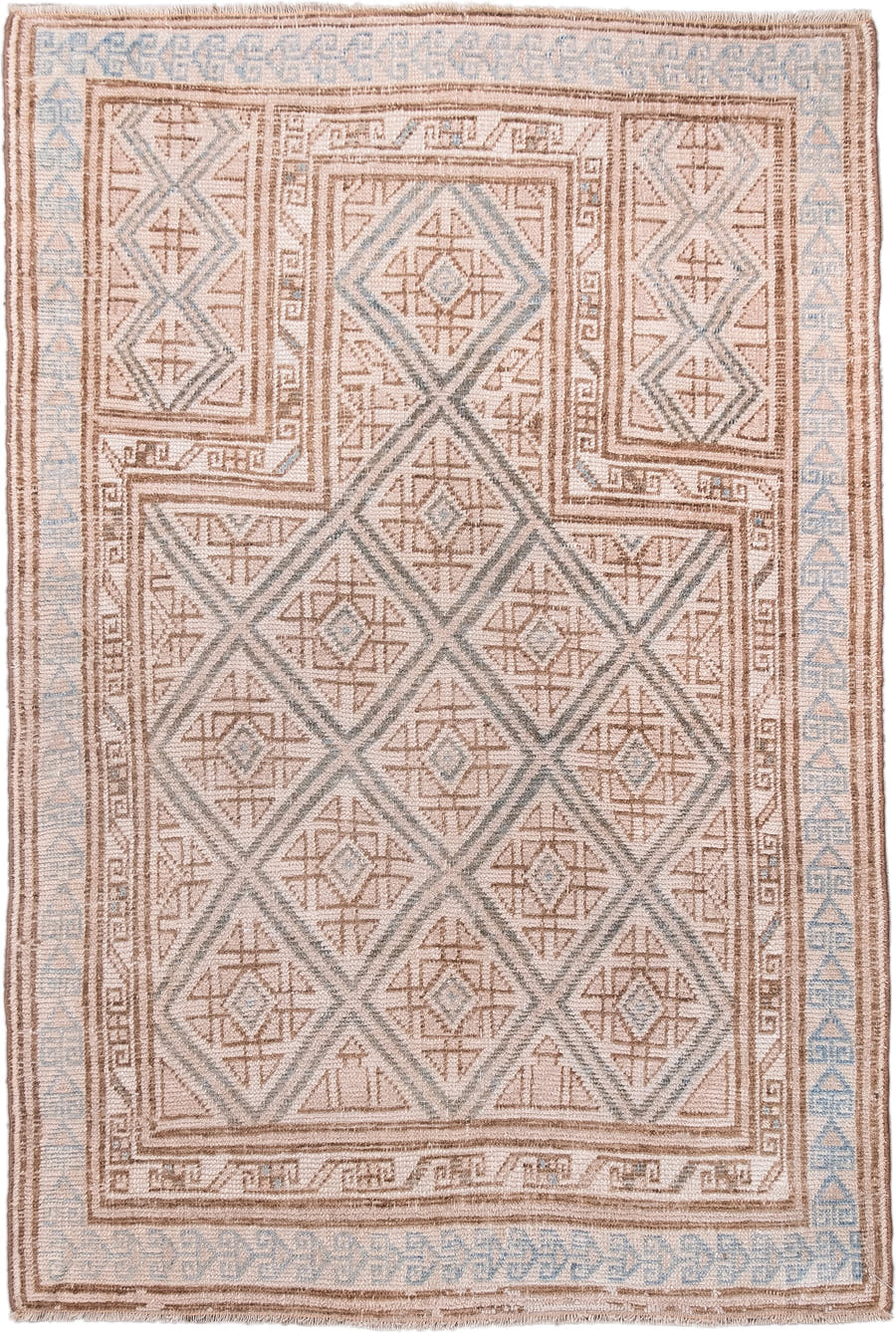 3' x 4' one-of-a-kind handmade antique Belouch small size rug. Color palette: ivory, camel, pale blue, taupe, sand, beige