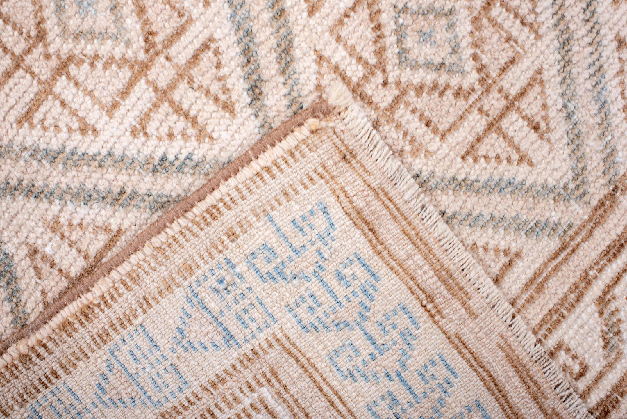 3' x 4' one-of-a-kind handmade antique Belouch small size rug. Color palette: ivory, camel, pale blue, taupe, sand, beige