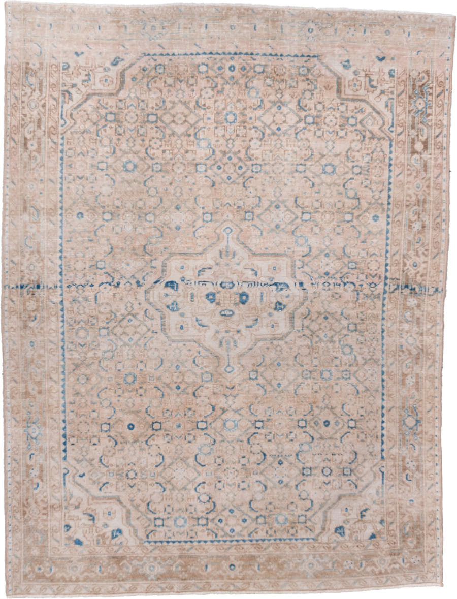 5' x 7' one-of-a-kind handmade vintage Hamadan rug. Color palette: ivory, beige, light blue, taupe, camel, gray
