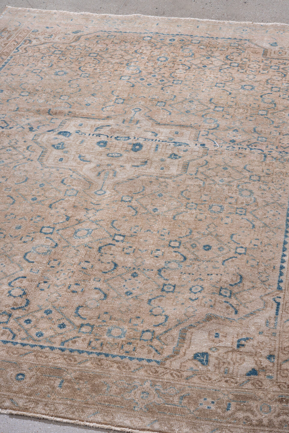 5' x 7' one-of-a-kind handmade vintage Hamadan rug. Color palette: ivory, beige, light blue, taupe, camel, gray