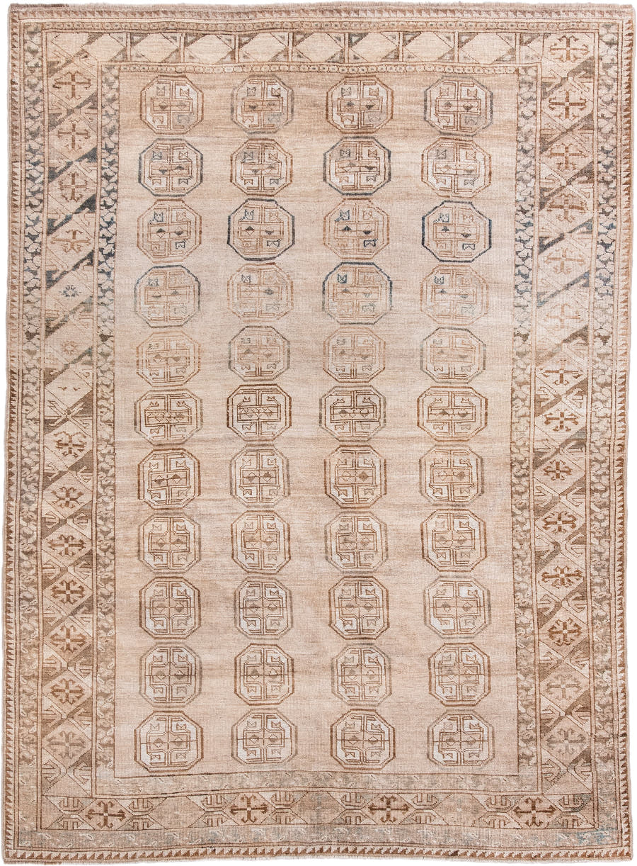 5' x 7' one-of-a-kind handmade antique Afghan rug. Color palette: ivory, taupe, camel, sand, brown, slate, beige, gray