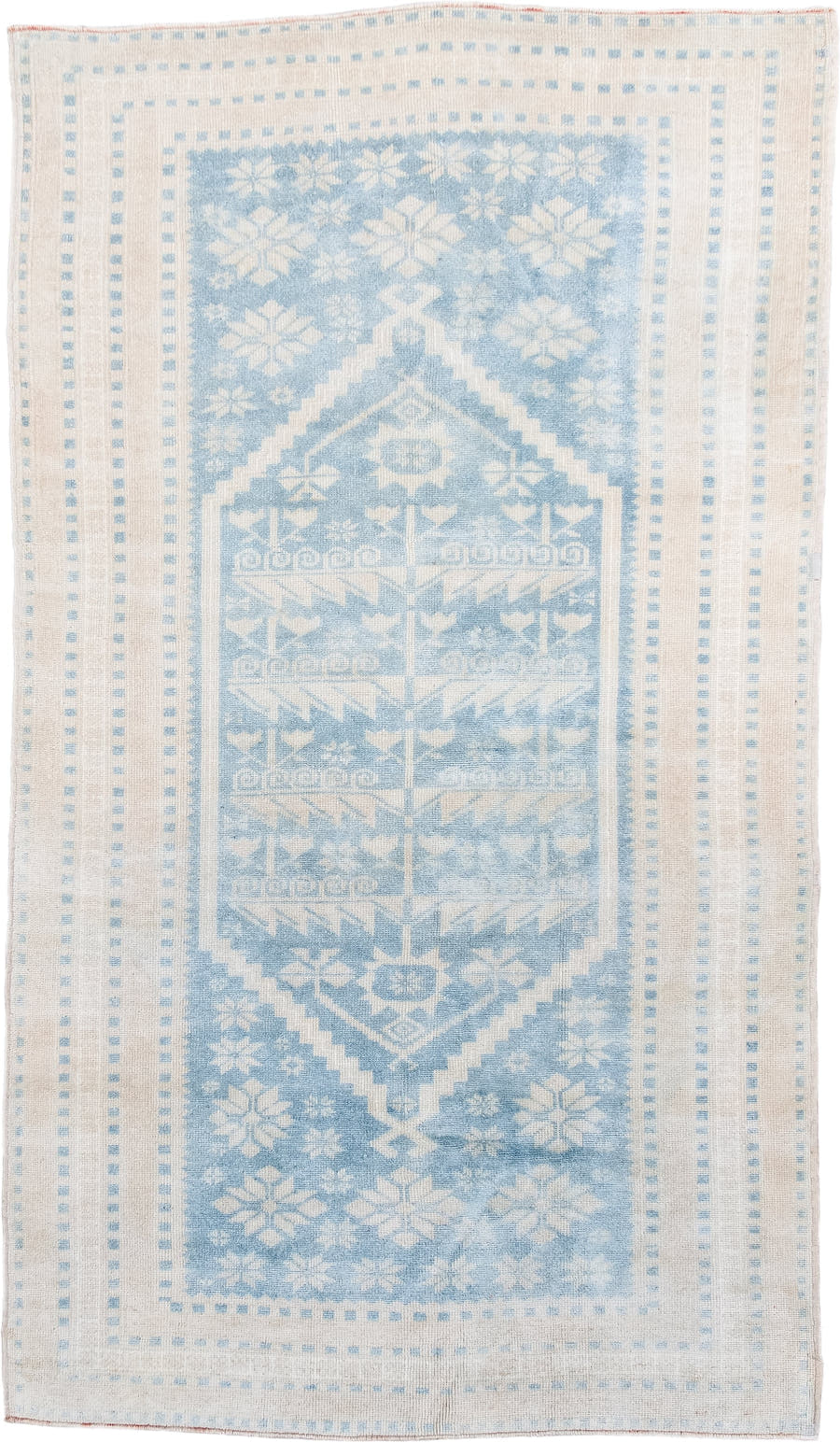 3' x 6' one-of-a-kind handmade antique Anatolian small size rug. Color palette: ivory, sky blue, powder blue, cream