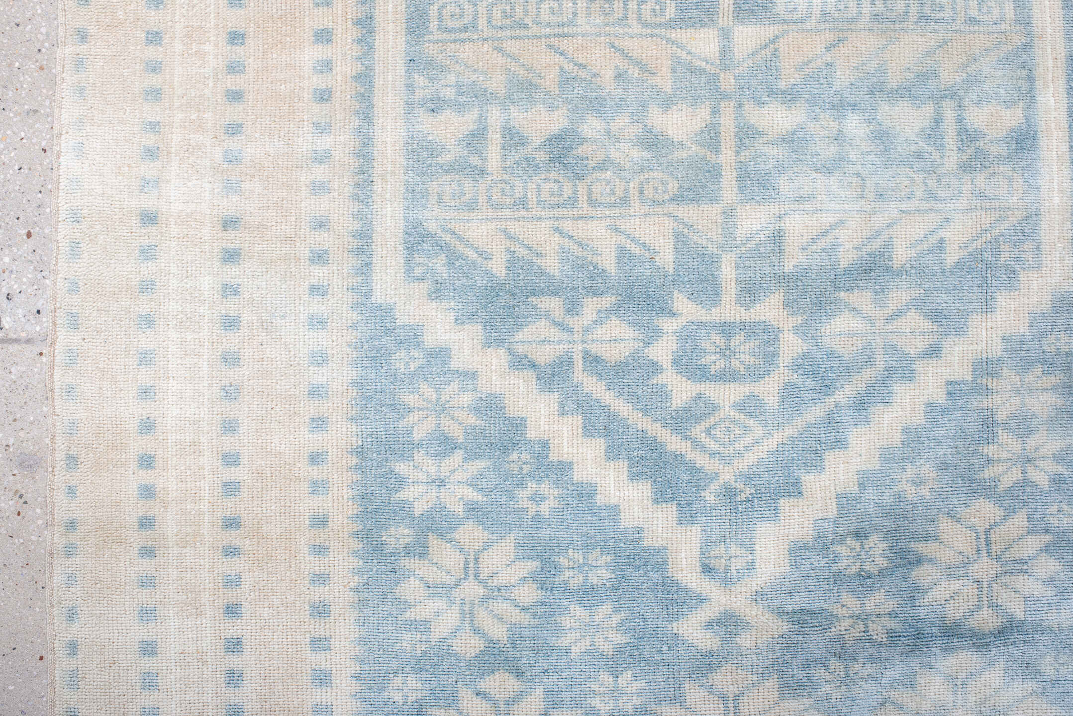3' x 6' one-of-a-kind handmade antique Anatolian small size rug. Color palette: ivory, sky blue, powder blue, cream