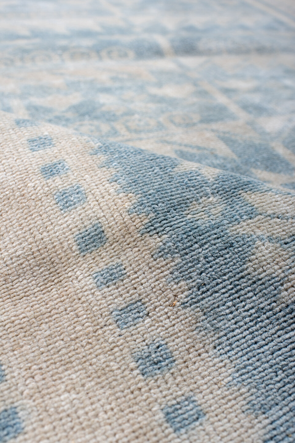 3' x 6' one-of-a-kind handmade antique Anatolian small size rug. Color palette: ivory, sky blue, powder blue, cream