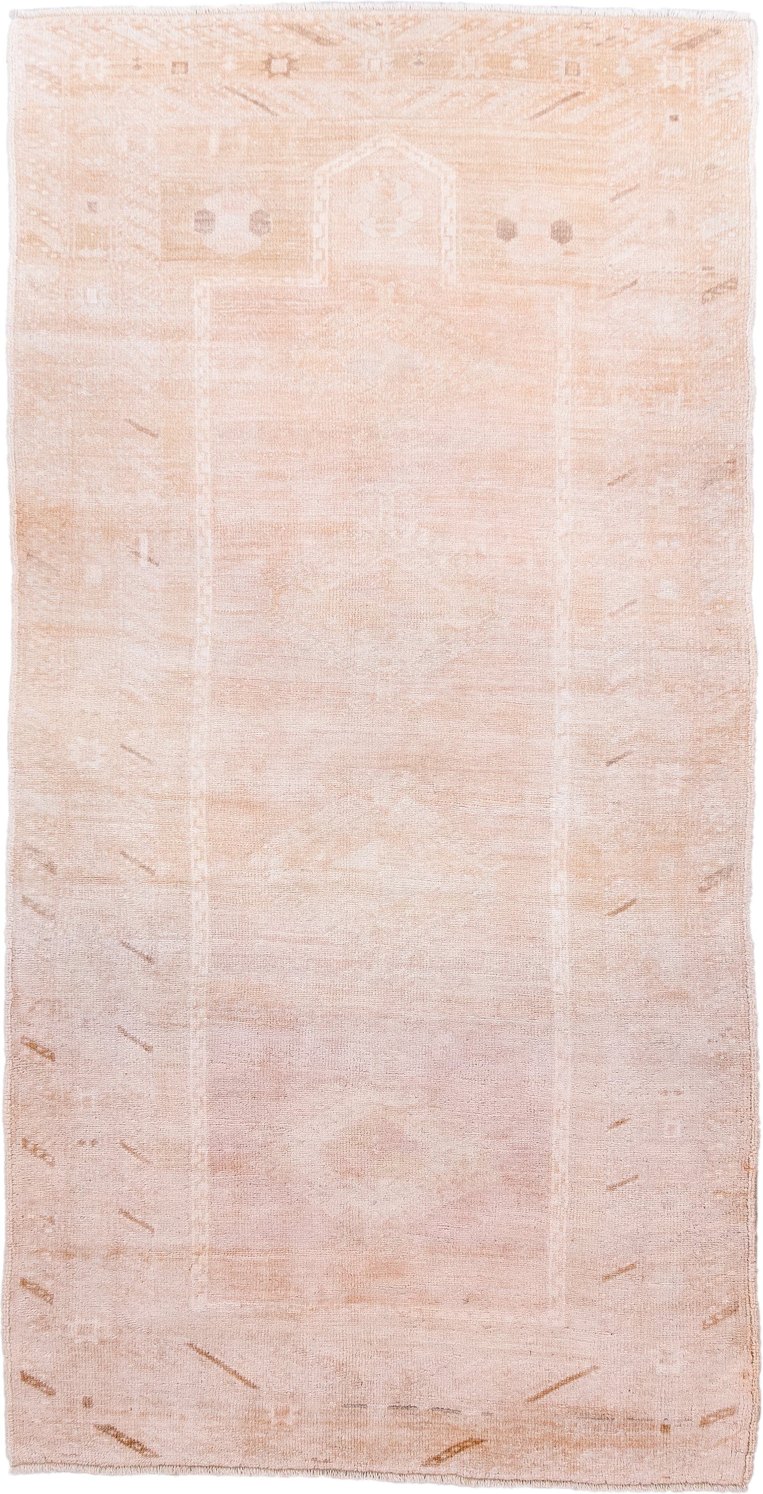 3' x 6' one-of-a-kind handmade antique Anatolian runner rug. Color palette: blush, ivory, peach, taupe, camel, pink