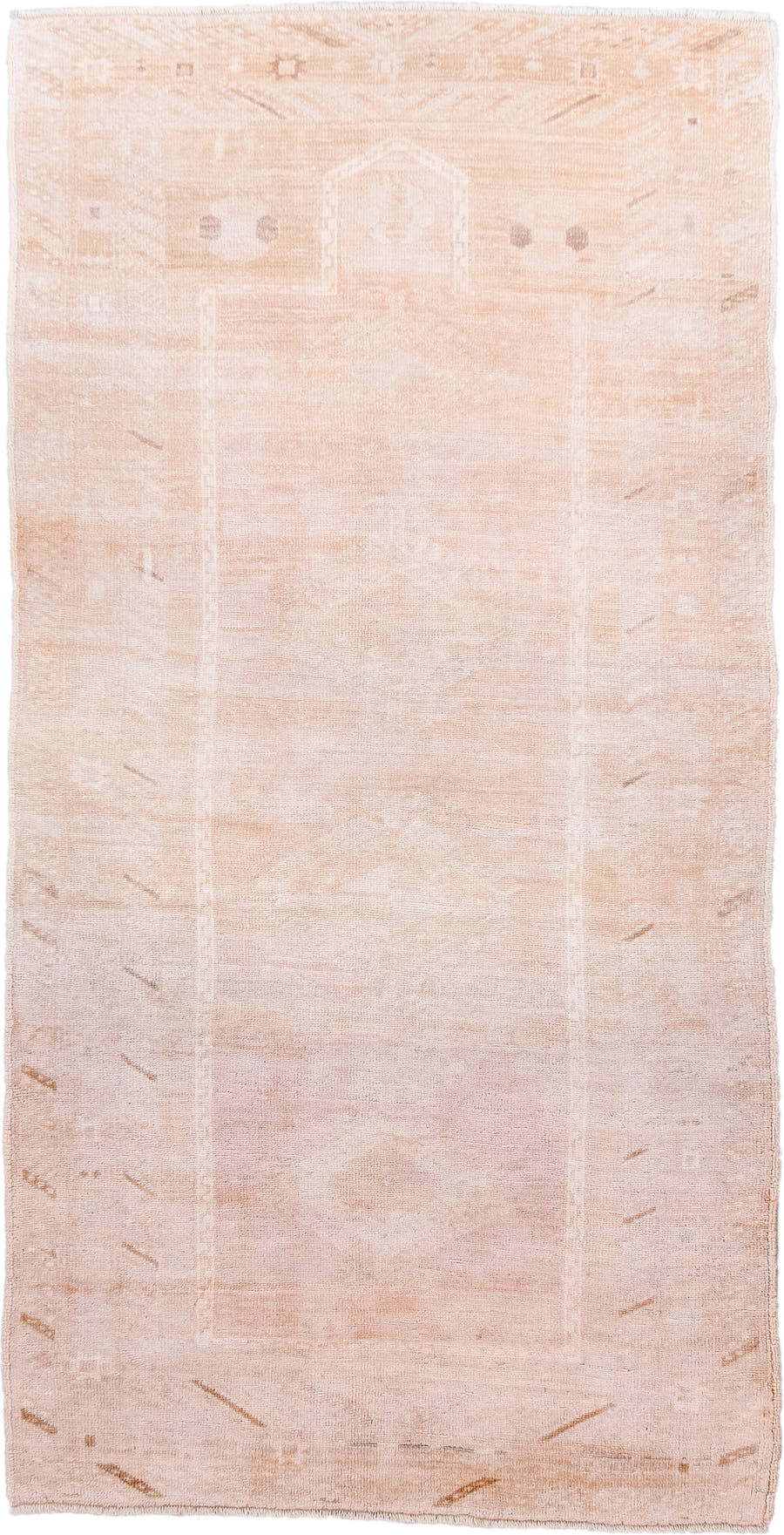 3' x 6' one-of-a-kind handmade antique Anatolian runner rug. Color palette: blush, ivory, peach, taupe, camel, pink