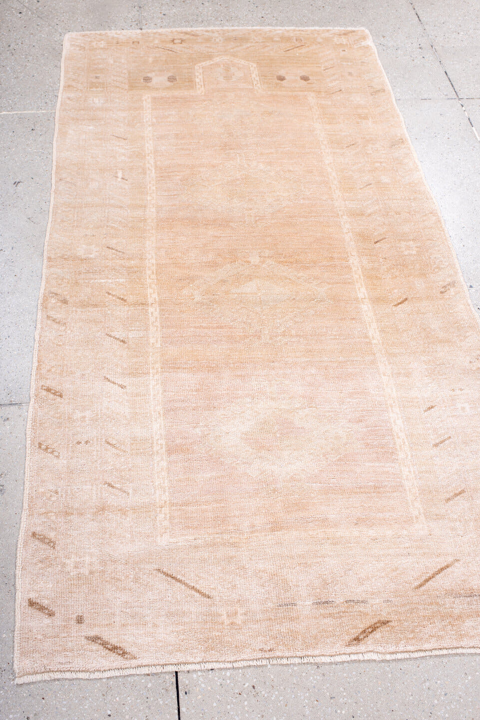 3' x 6' one-of-a-kind handmade antique Anatolian runner rug. Color palette: blush, ivory, peach, taupe, camel, pink