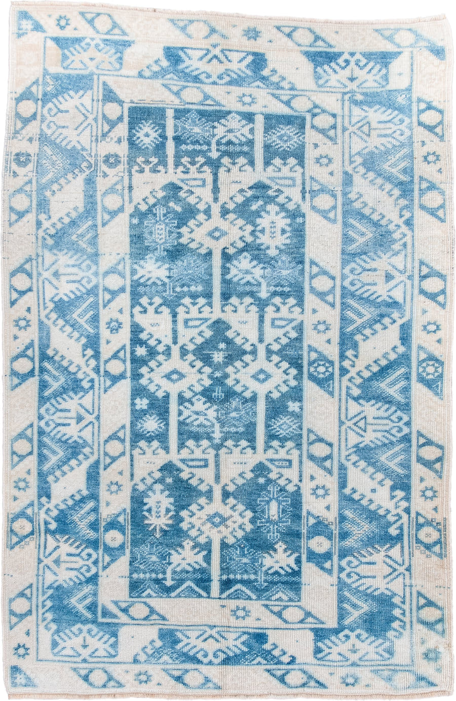 3' x 5' one-of-a-kind handmade antique Anatolian small size rug. Color palette: ivory, sky blue, powder blue, cream