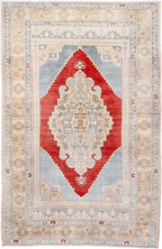 3' x 5' one-of-a-kind handmade antique Anatolian small size rug. Color palette: ivory, light blue, beige, red, taupe, gray
