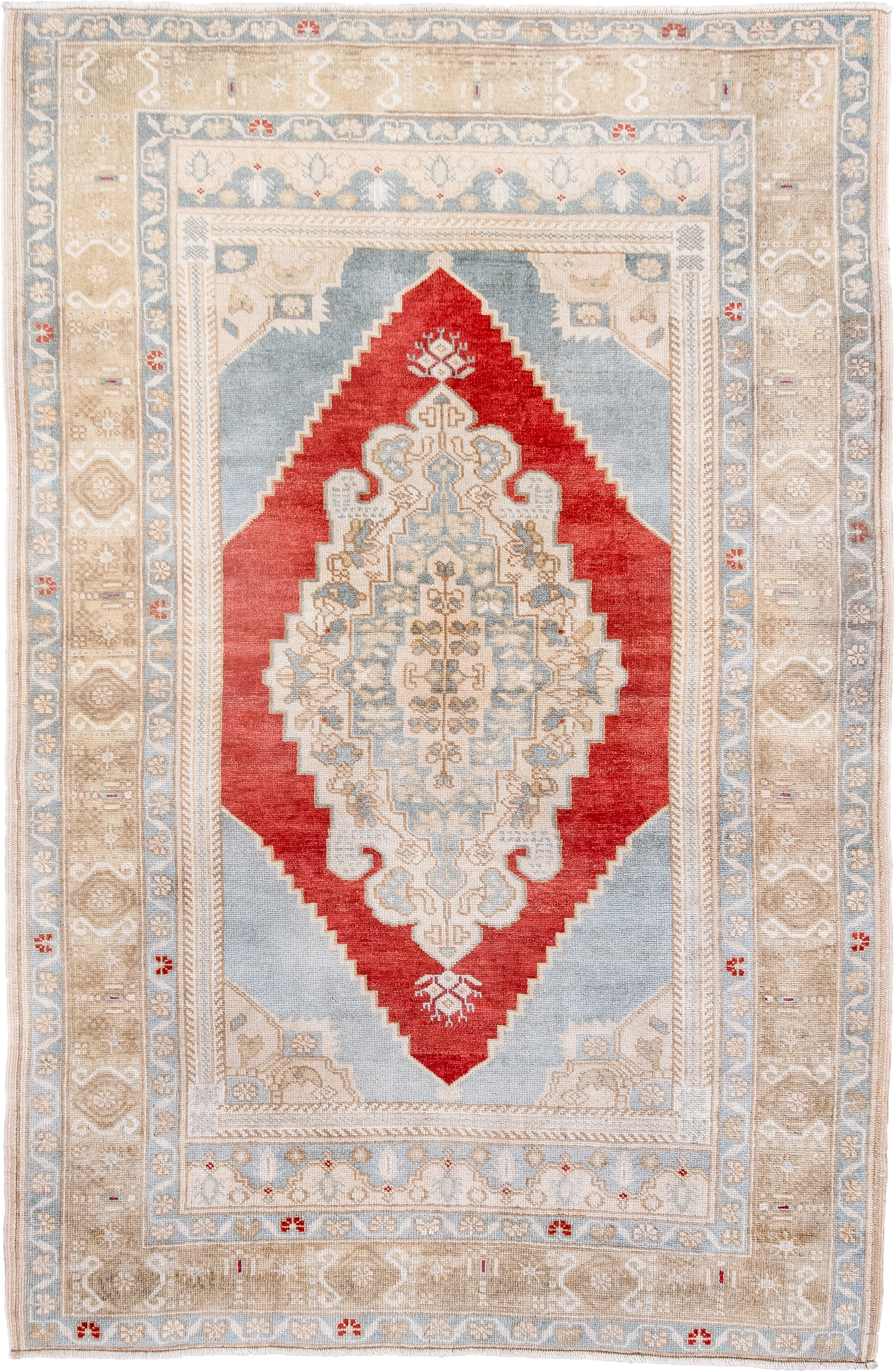 3' x 5' one-of-a-kind handmade antique Anatolian small size rug. Color palette: ivory, light blue, beige, red, taupe, gray